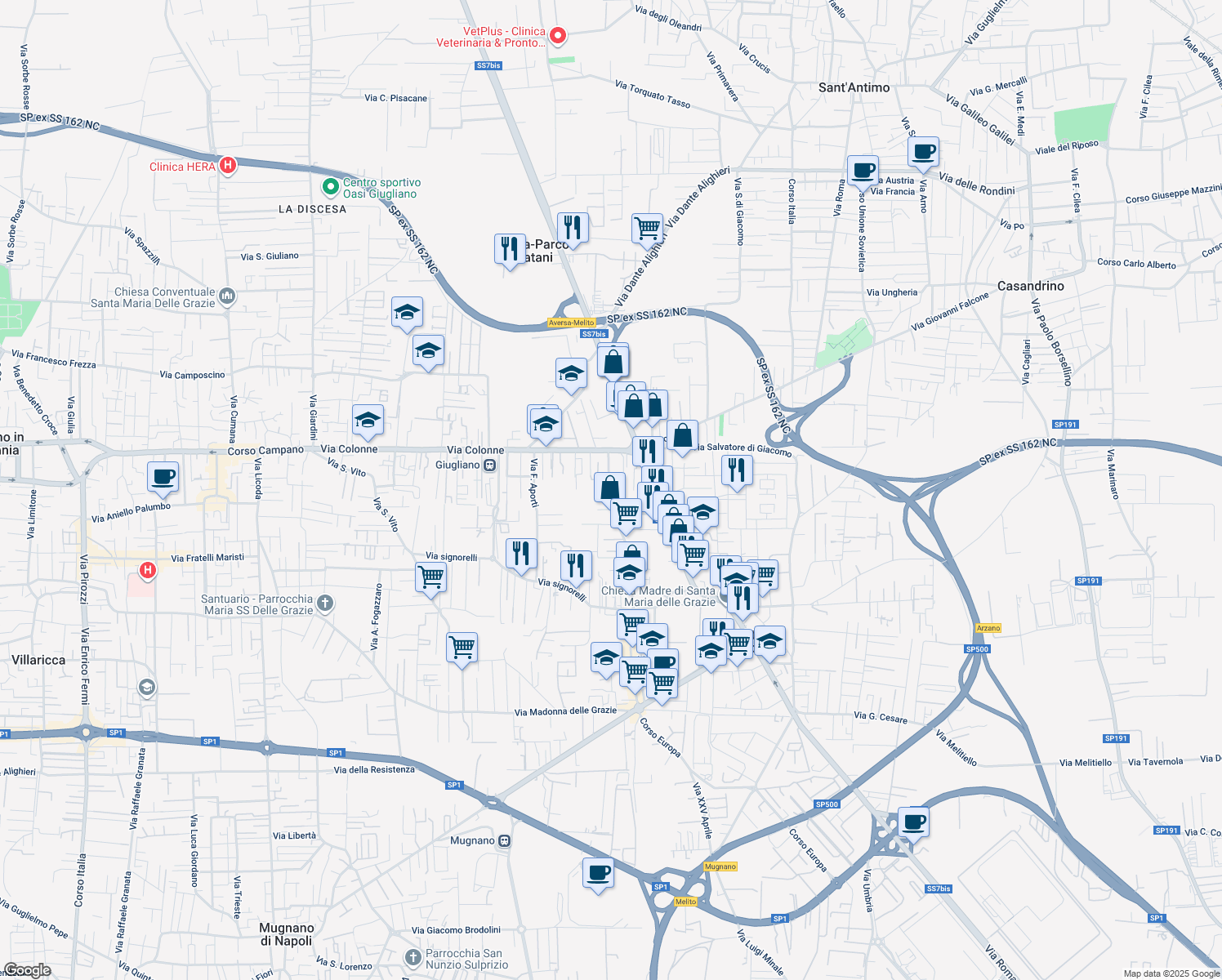 map of restaurants, bars, coffee shops, grocery stores, and more near 18 Corso Europa in Melito di Napoli