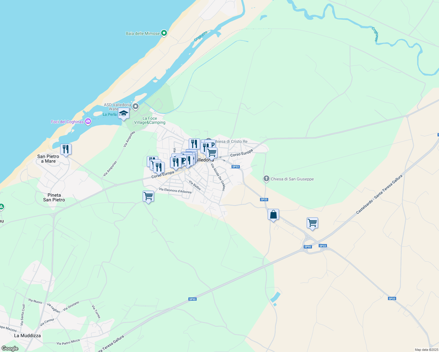 map of restaurants, bars, coffee shops, grocery stores, and more near 19 Via Alcide De Gasperi in Valledoria