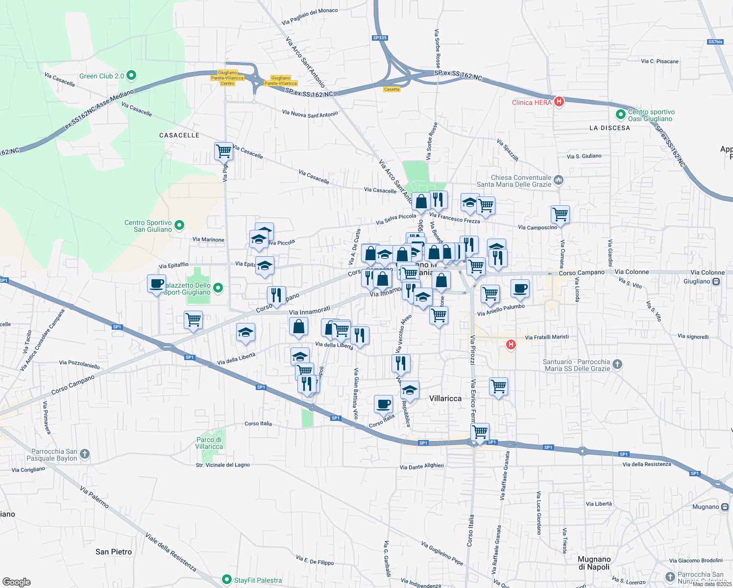 map of restaurants, bars, coffee shops, grocery stores, and more near 108 Via Innamorati in Giugliano in Campania