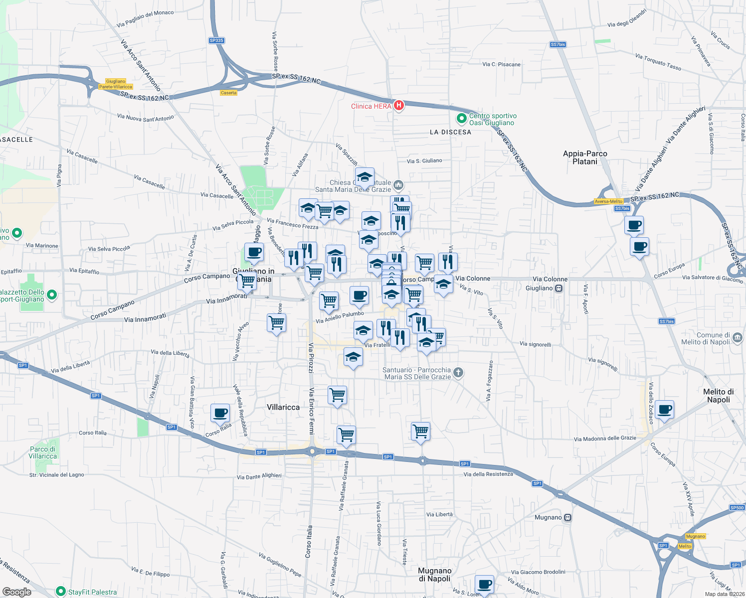 map of restaurants, bars, coffee shops, grocery stores, and more near 10 Vico Mariantonia Chianese in Giugliano in Campania
