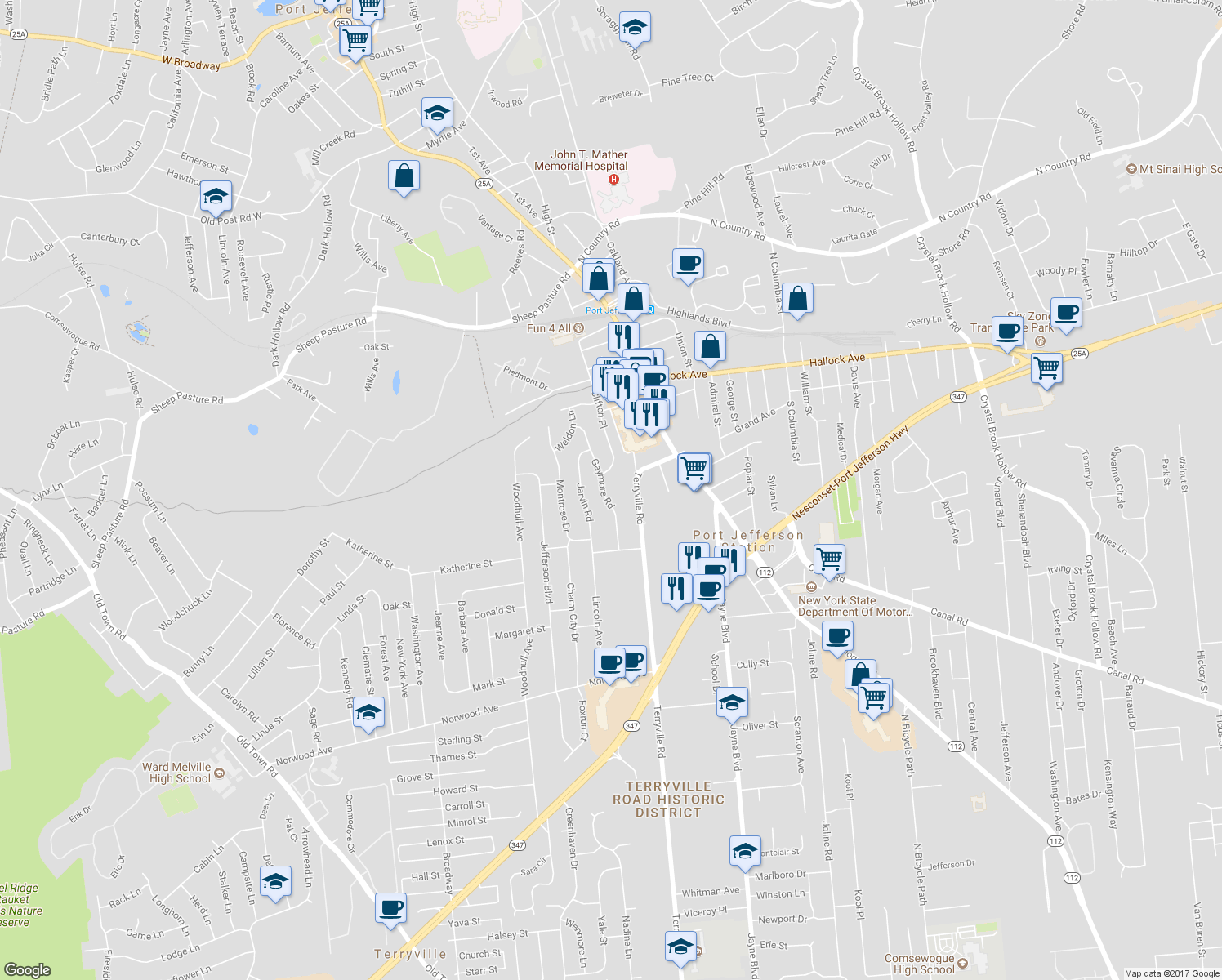 map of restaurants, bars, coffee shops, grocery stores, and more near 51 Gaymore Road in Port Jefferson Station