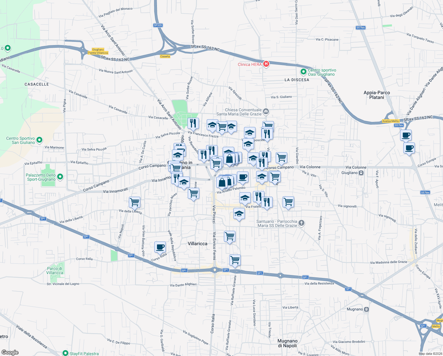 map of restaurants, bars, coffee shops, grocery stores, and more near 22 Vico Orologio in Giugliano In Campania