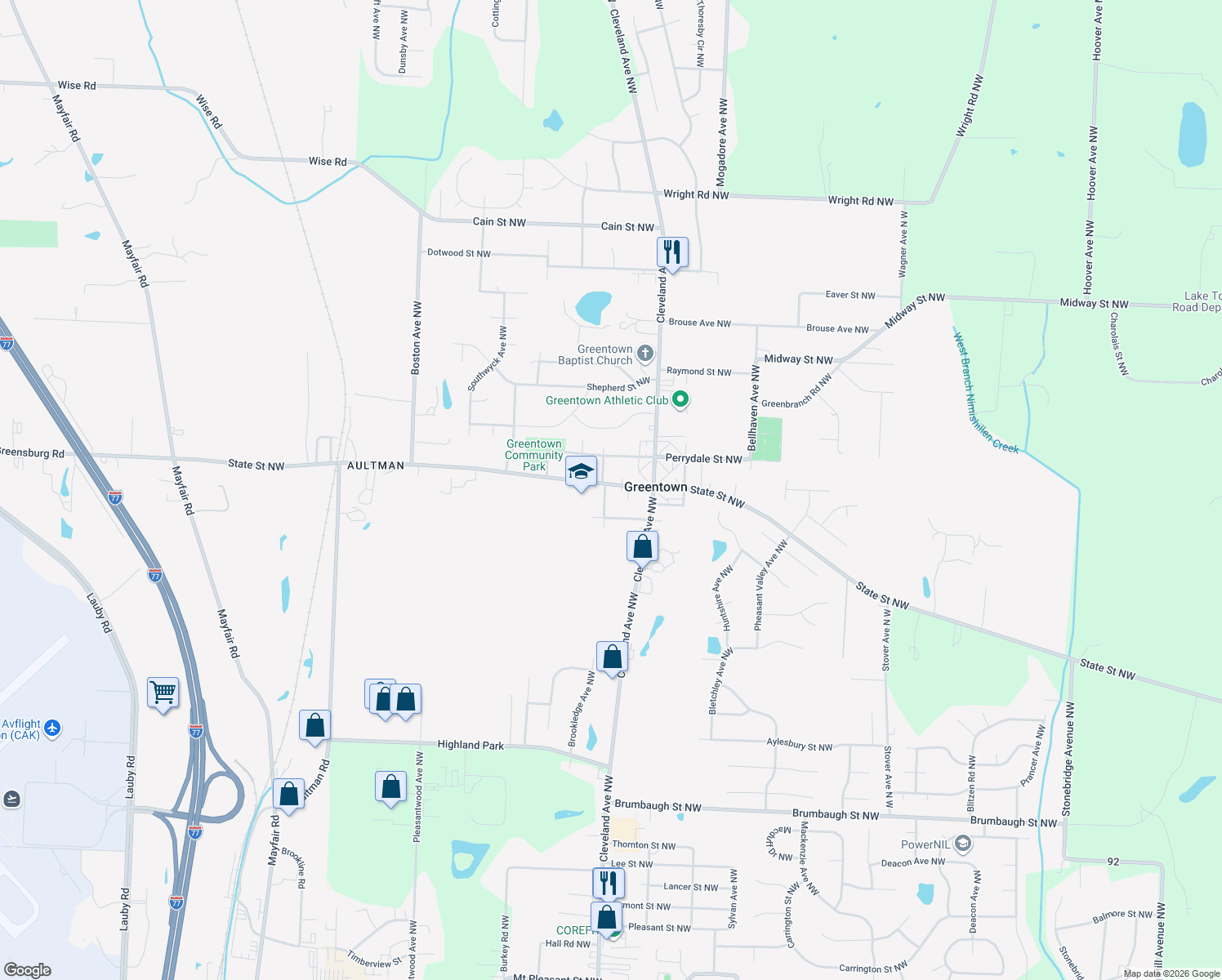 map of restaurants, bars, coffee shops, grocery stores, and more near 3260 State St NW in North Canton