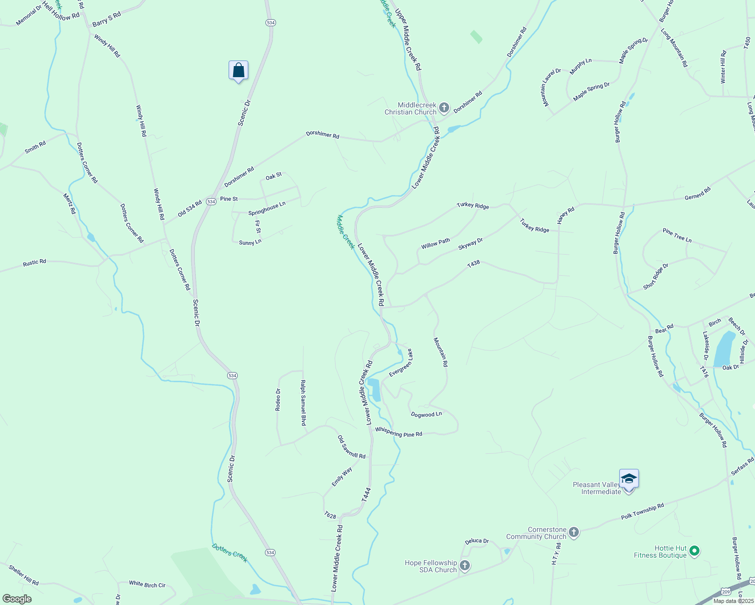 map of restaurants, bars, coffee shops, grocery stores, and more near 443 Lower Middle Creek Road in Kunkletown