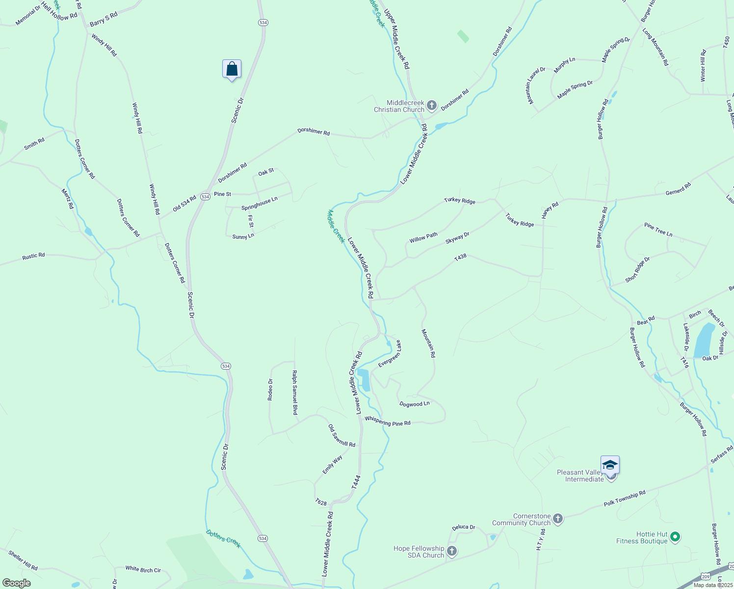 map of restaurants, bars, coffee shops, grocery stores, and more near 443 Lower Middle Creek Road in Kunkletown