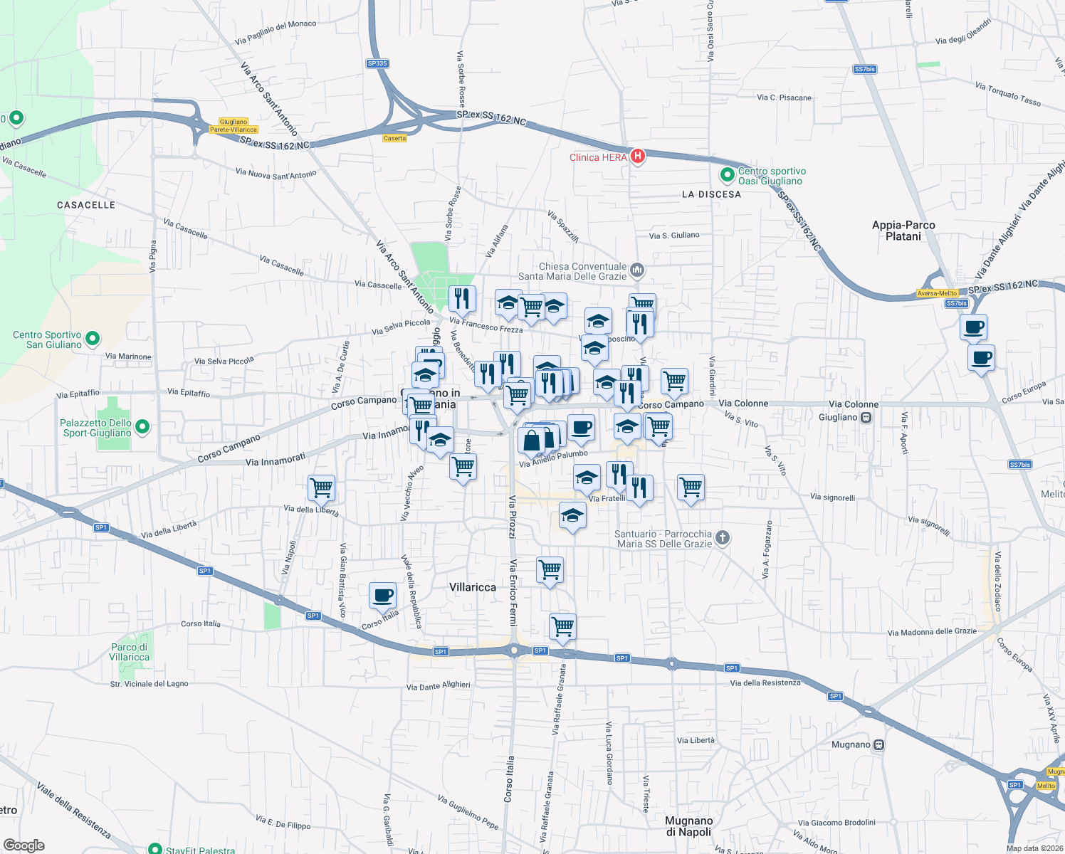 map of restaurants, bars, coffee shops, grocery stores, and more near 22 Vico Orologio in Giugliano in Campania