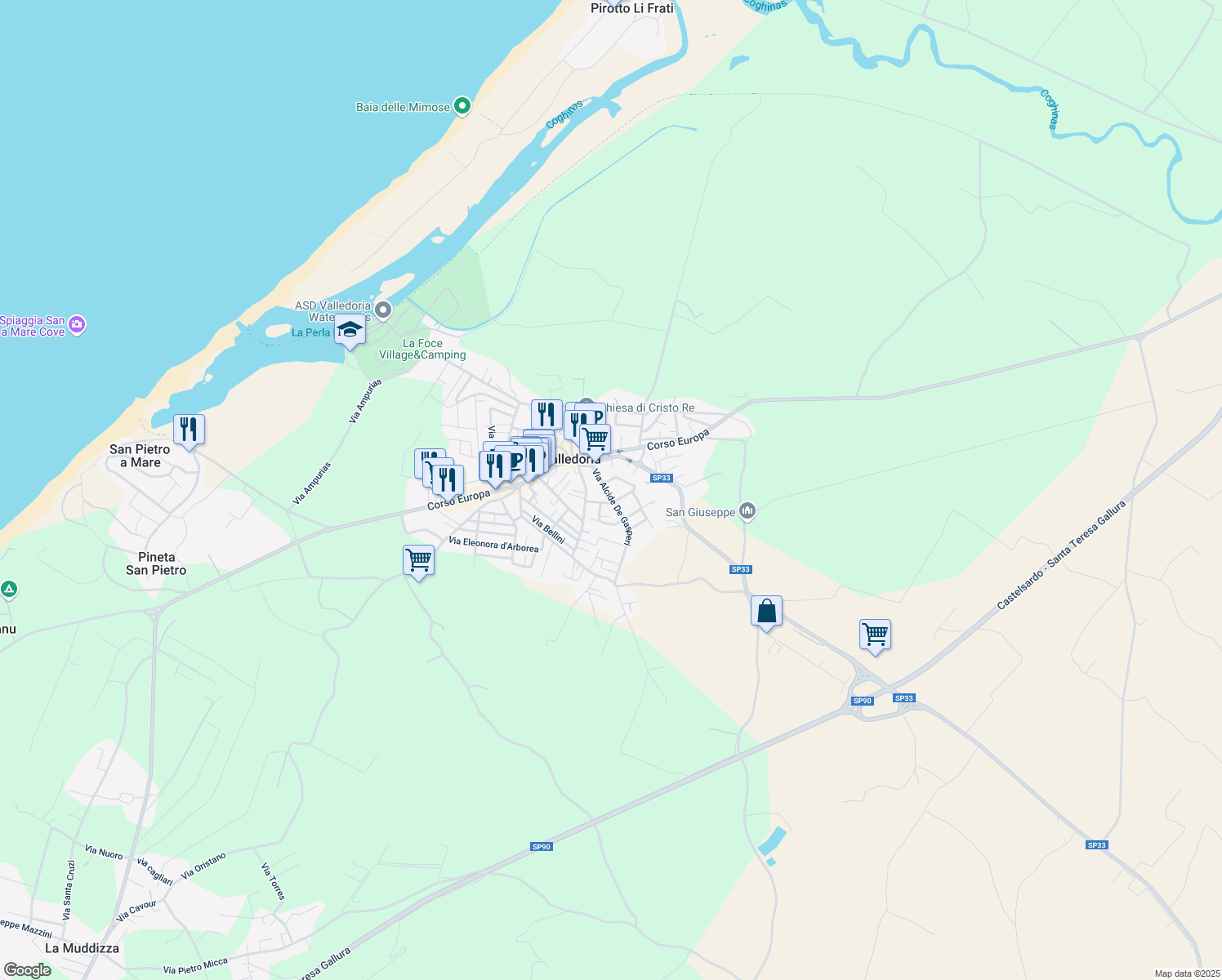 map of restaurants, bars, coffee shops, grocery stores, and more near 19 Via Alcide De Gasperi in Valledoria