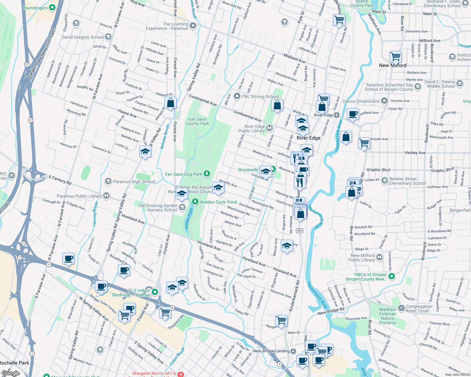map of restaurants, bars, coffee shops, grocery stores, and more near 251 Voorhis Avenue in River Edge