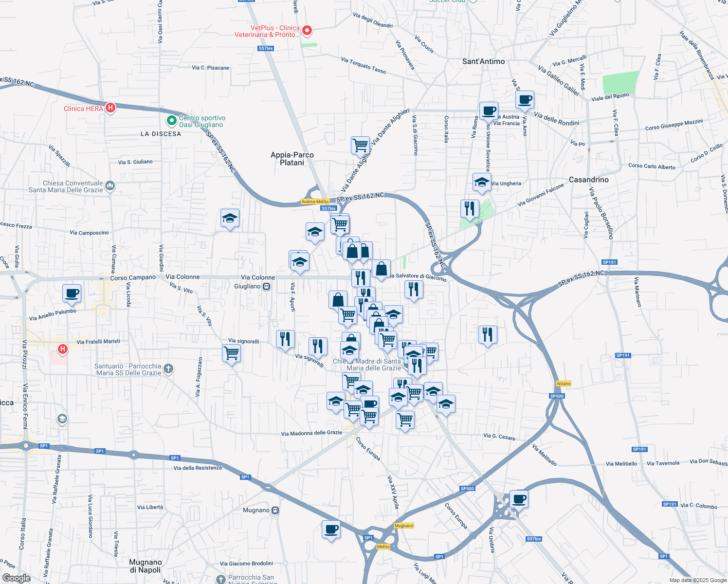 map of restaurants, bars, coffee shops, grocery stores, and more near 543 Via Roma in Melito di Napoli
