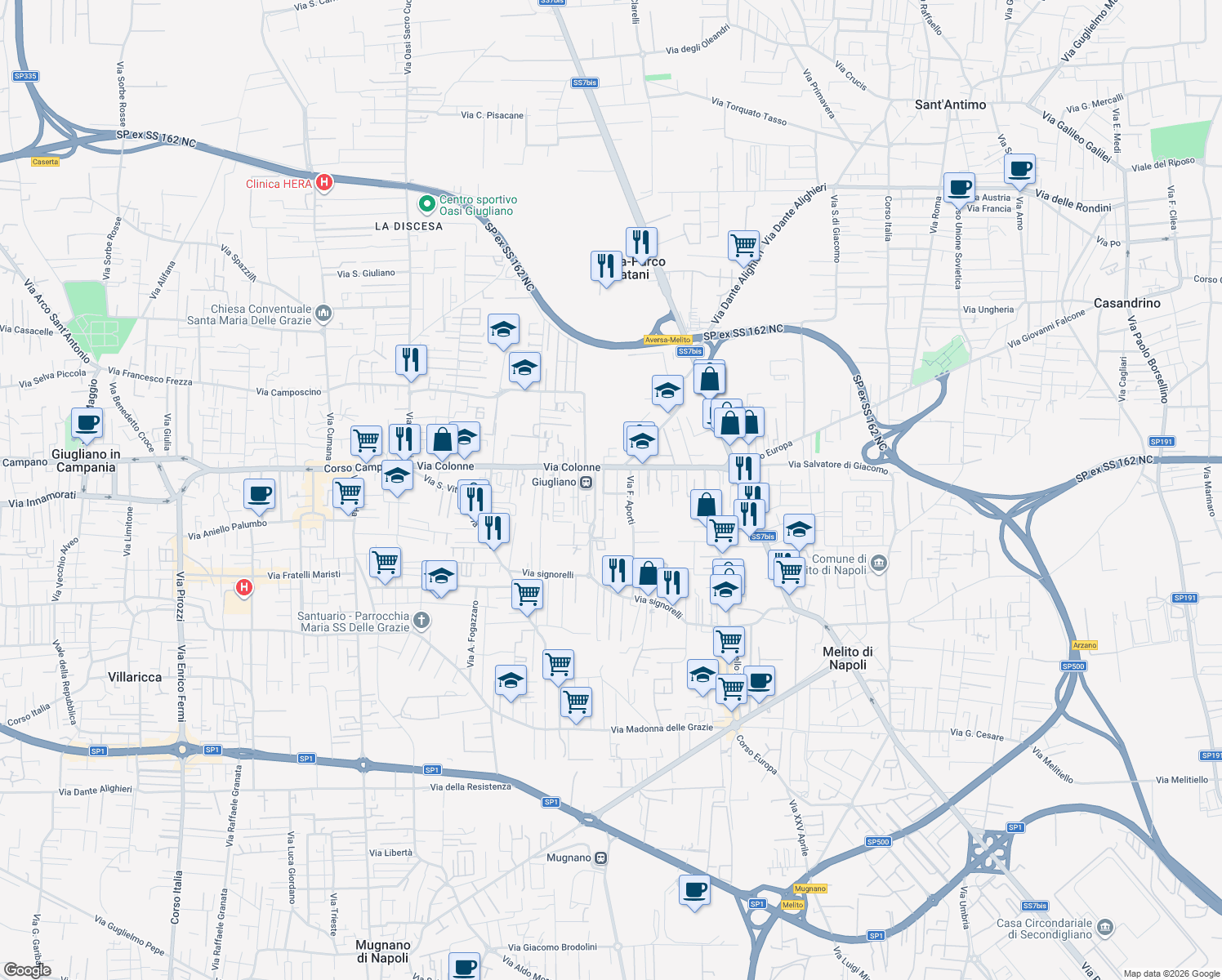 map of restaurants, bars, coffee shops, grocery stores, and more near 54 Via A. Gabelli in Giugliano in Campania