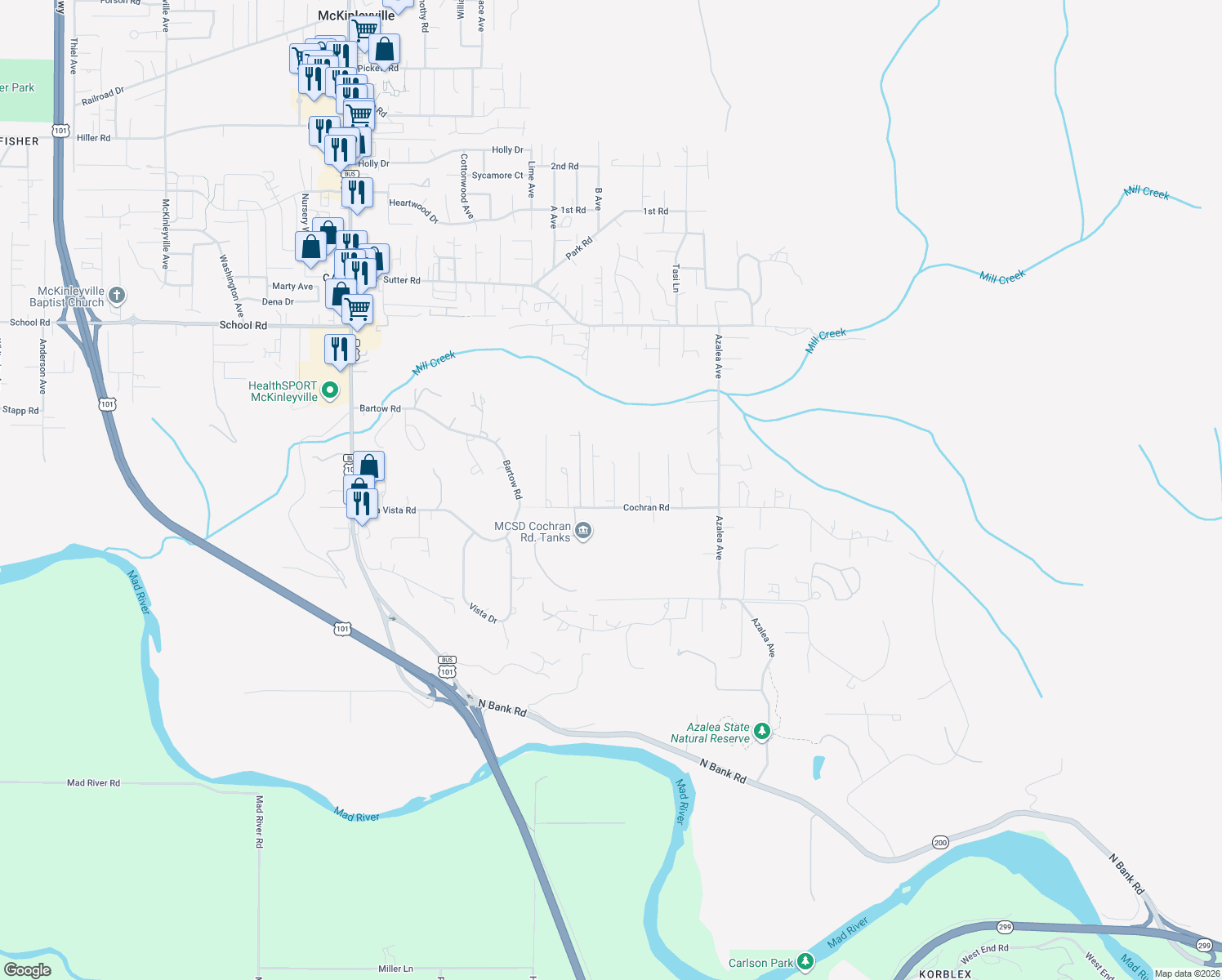 map of restaurants, bars, coffee shops, grocery stores, and more near 1242 Landis Court in McKinleyville
