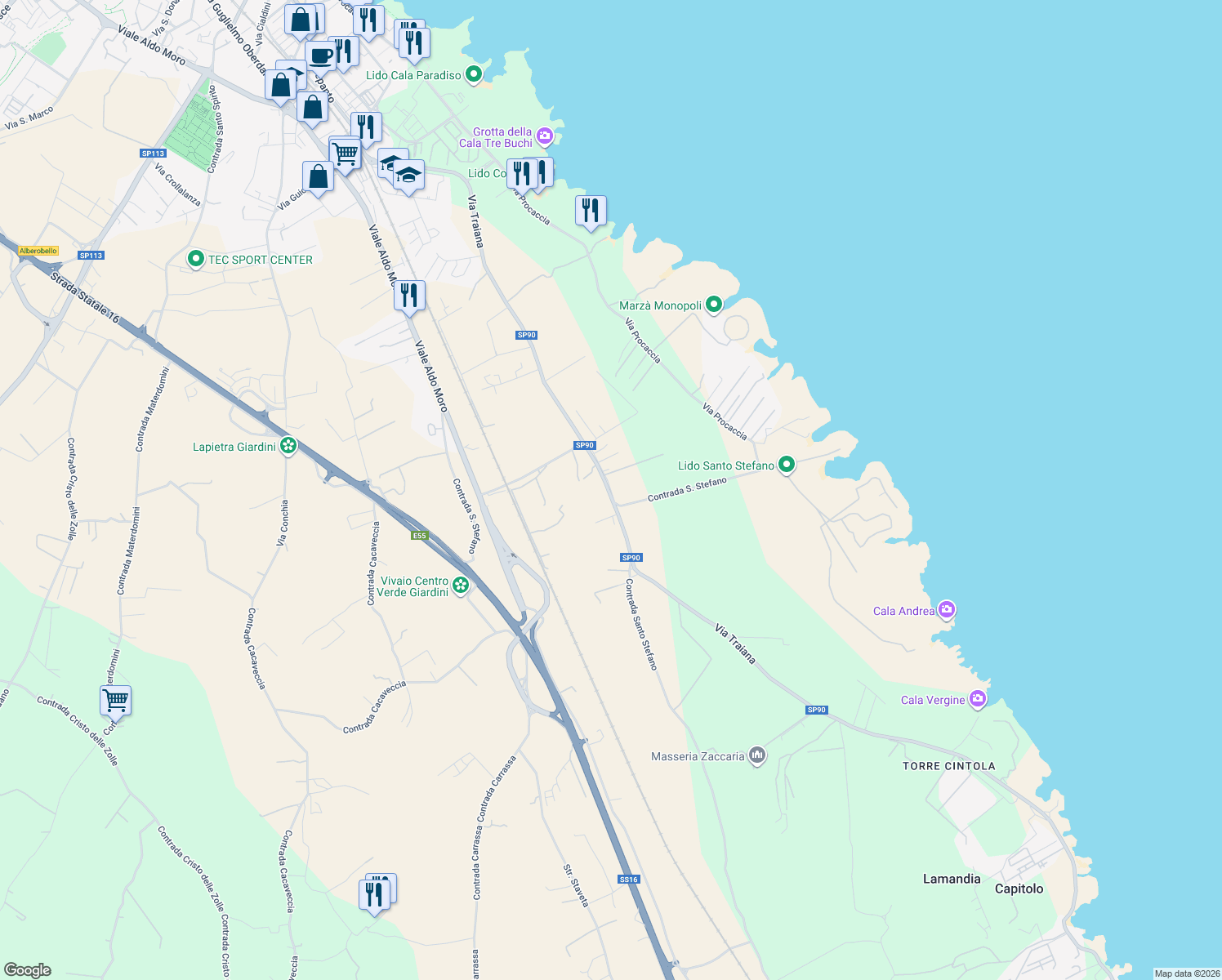 map of restaurants, bars, coffee shops, grocery stores, and more near 115 Contrada Santo Stefano in Monopoli