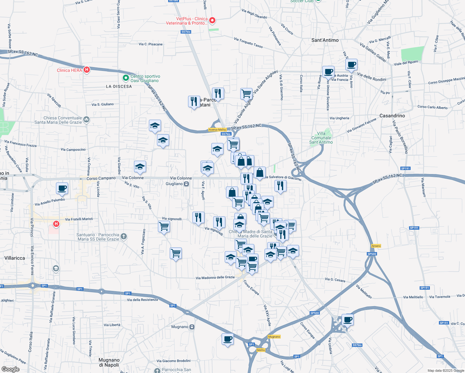 map of restaurants, bars, coffee shops, grocery stores, and more near 18 Corso Europa in Melito di Napoli