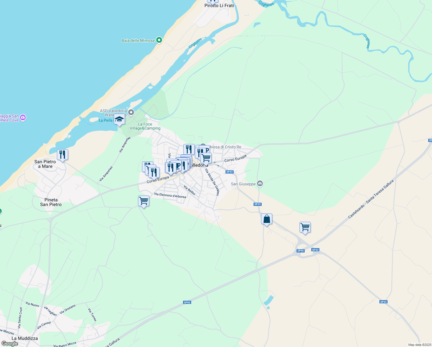 map of restaurants, bars, coffee shops, grocery stores, and more near 19 Via Alcide De Gasperi in Valledoria