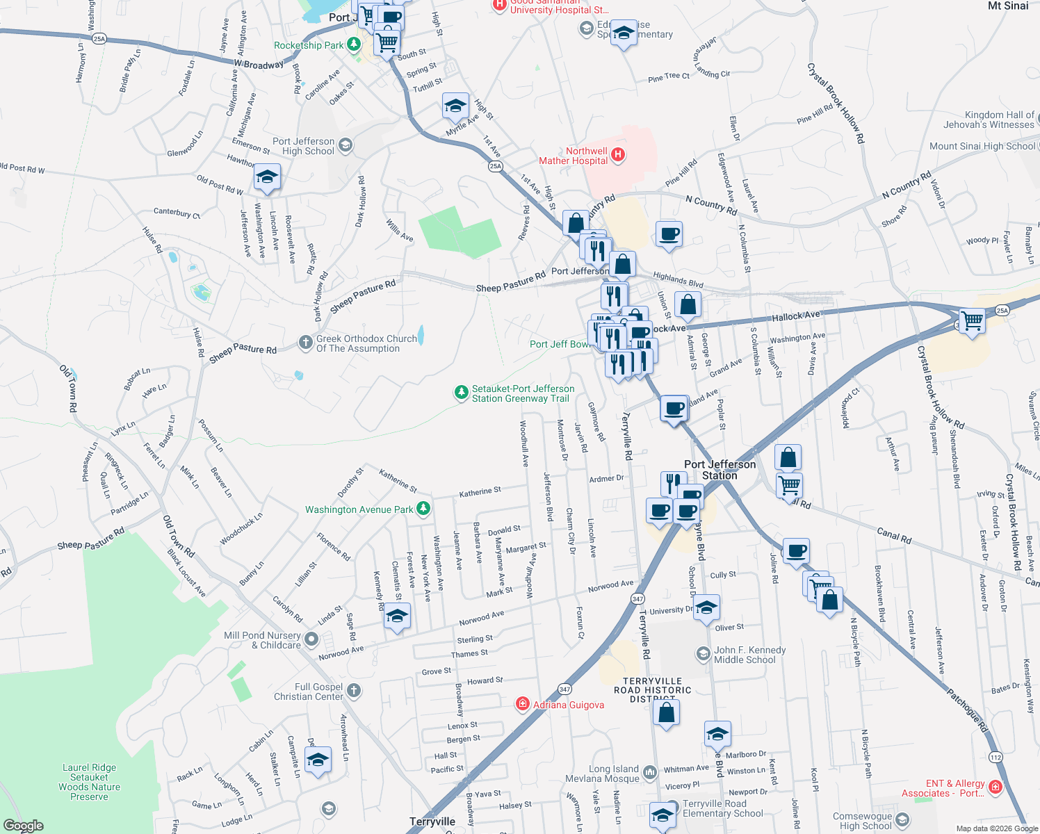 map of restaurants, bars, coffee shops, grocery stores, and more near 240 Woodhull Avenue in Port Jefferson Station