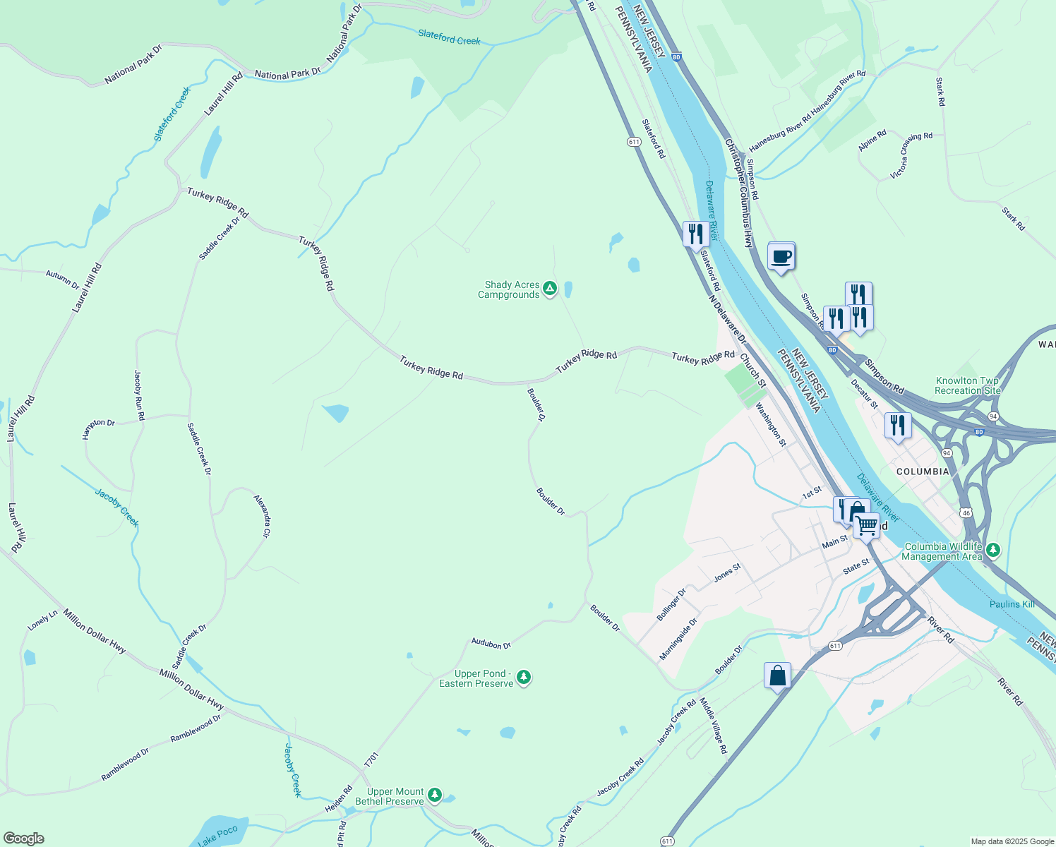 map of restaurants, bars, coffee shops, grocery stores, and more near 101 Boulder Drive in Mount Bethel