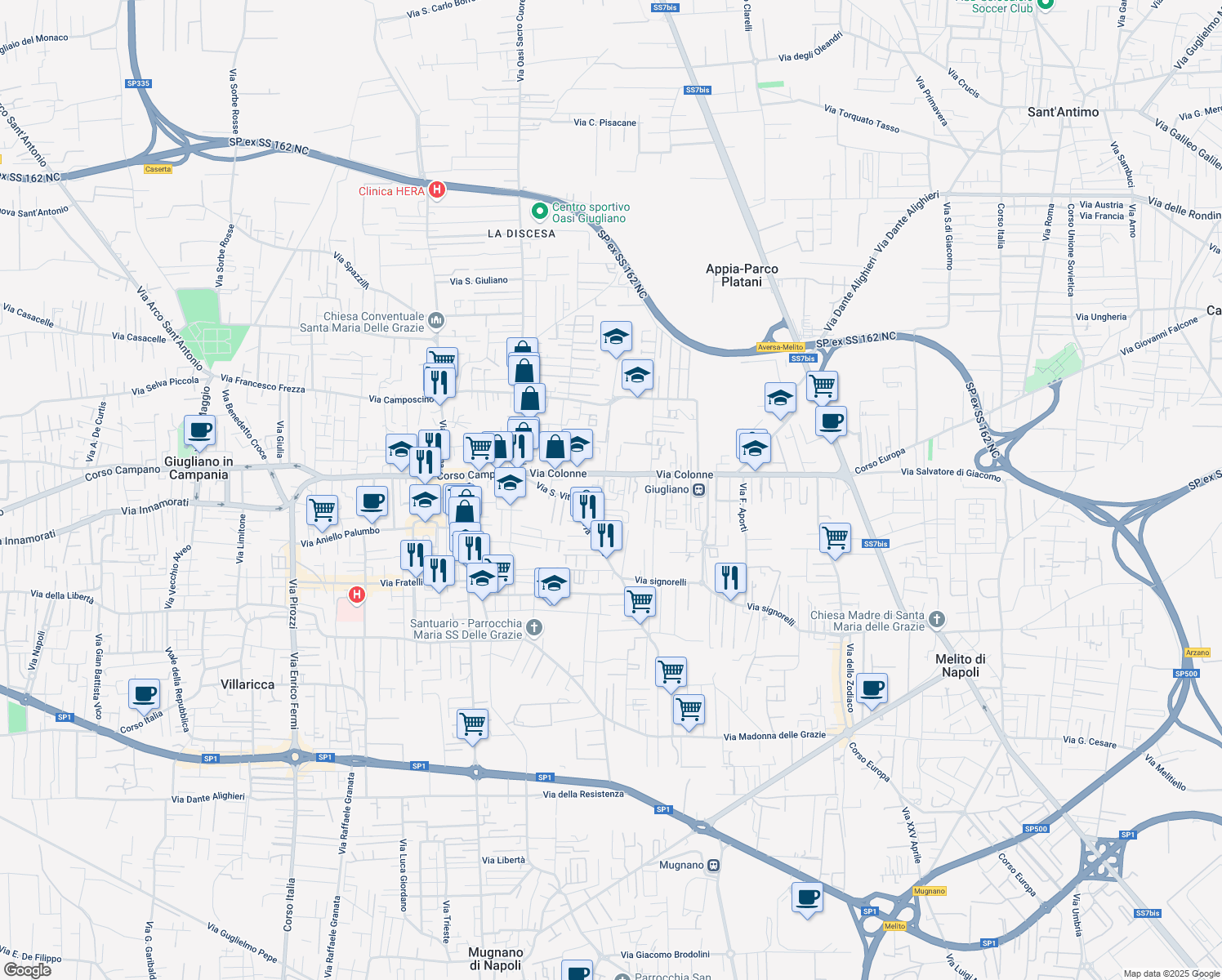 map of restaurants, bars, coffee shops, grocery stores, and more near 2S Via Agazzi R. in Giugliano in Campania