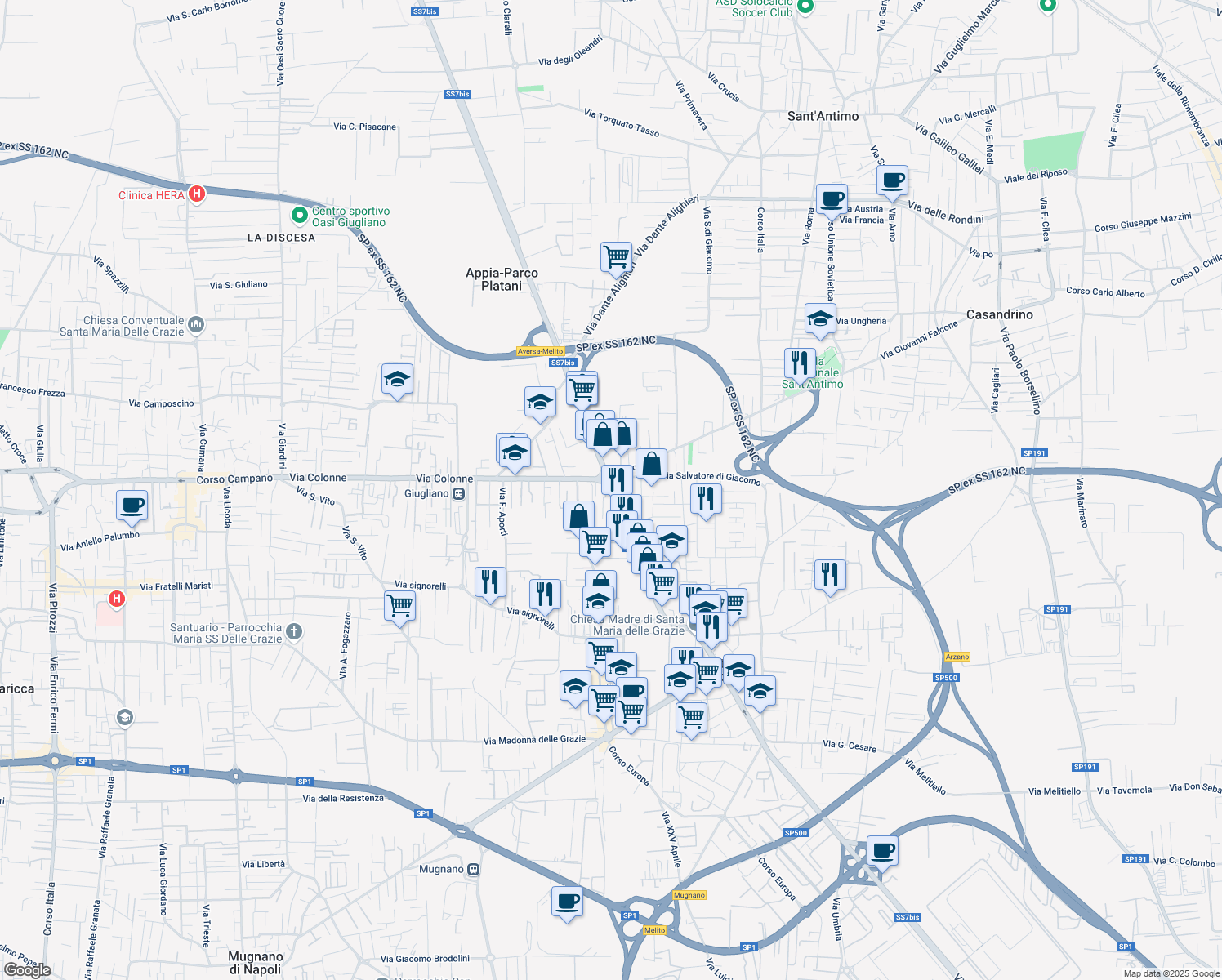 map of restaurants, bars, coffee shops, grocery stores, and more near 543 Via Roma in Melito di Napoli