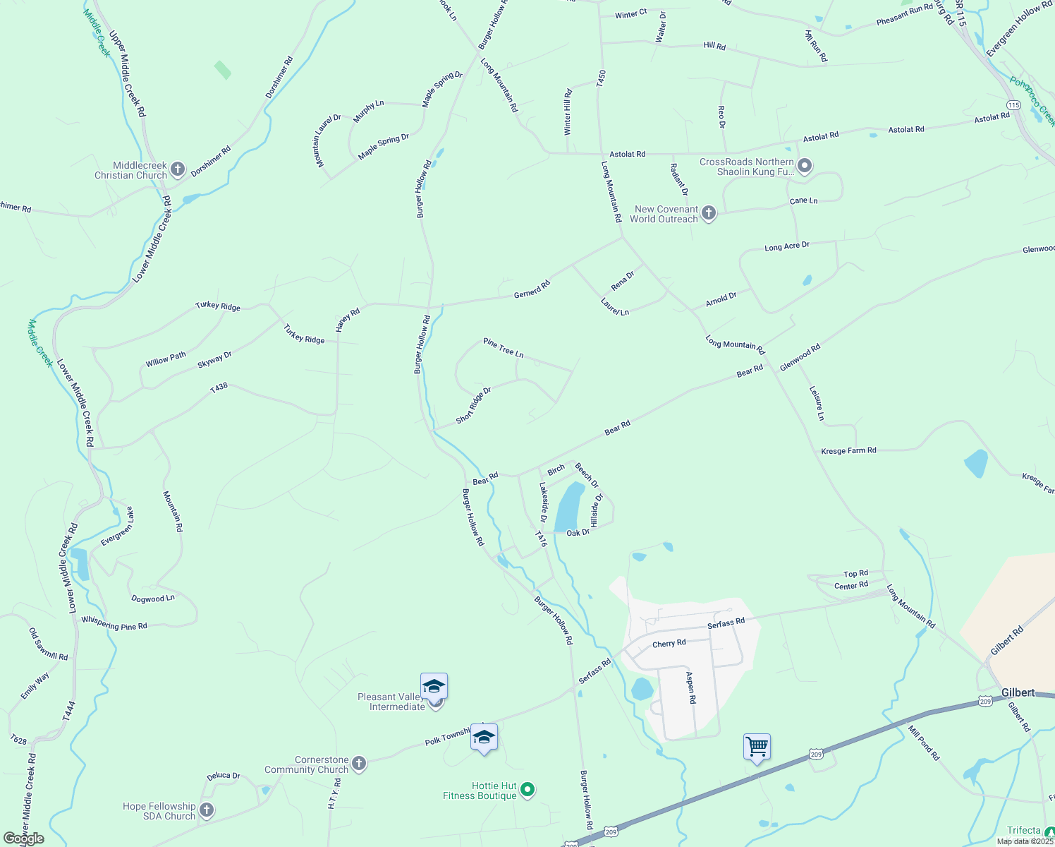 map of restaurants, bars, coffee shops, grocery stores, and more near 107 Hilltop Drive in Kunkletown