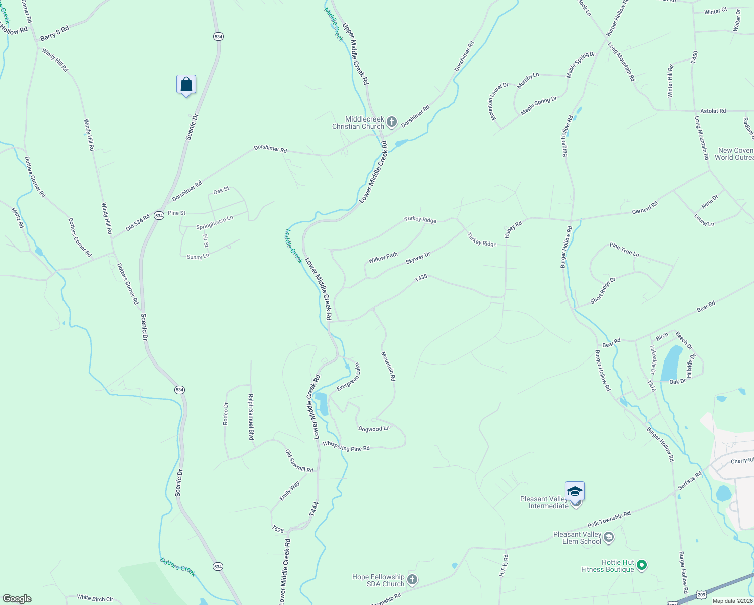 map of restaurants, bars, coffee shops, grocery stores, and more near 2512 Willow Path in Kunkletown