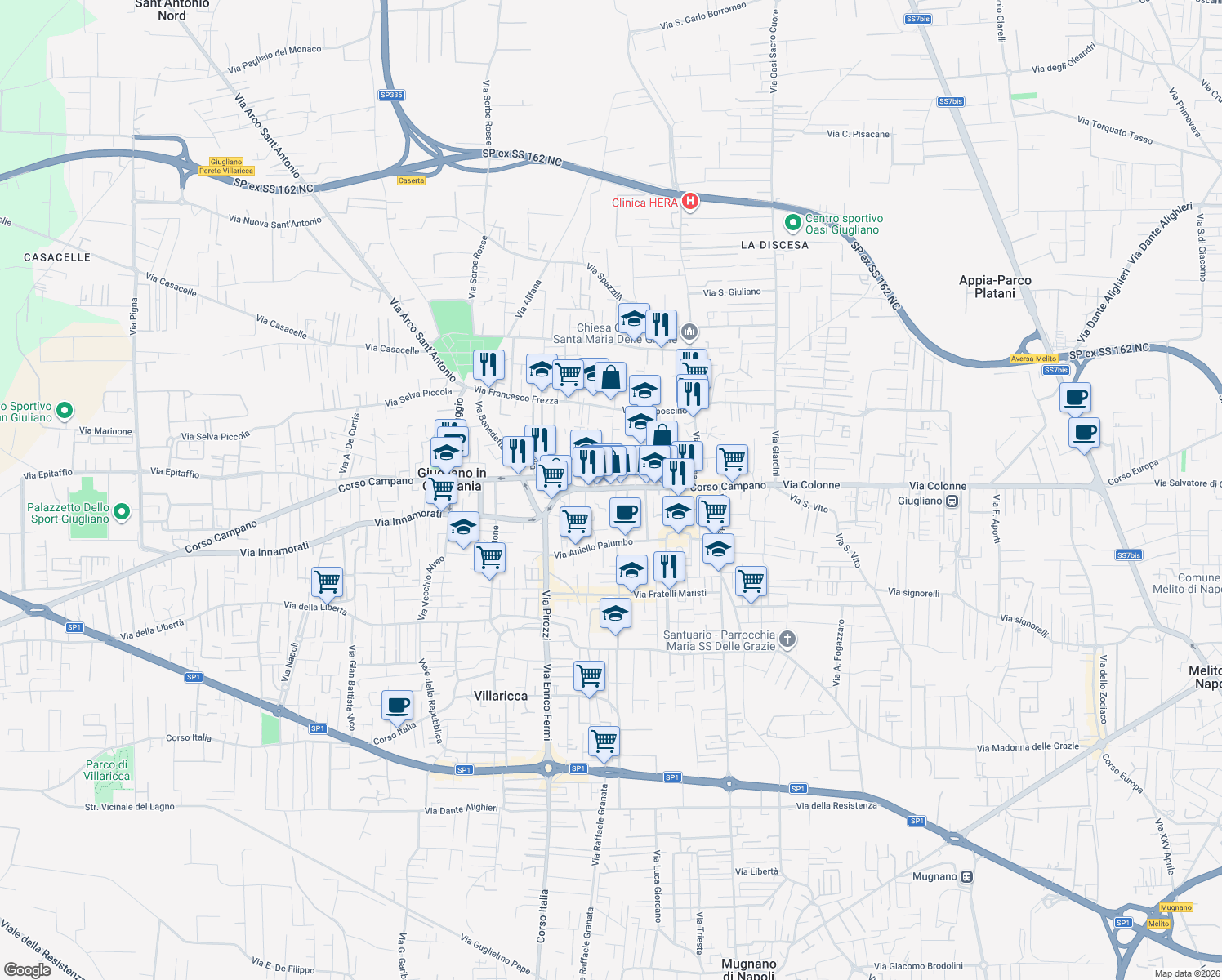 map of restaurants, bars, coffee shops, grocery stores, and more near 235 Corso Campano in Giugliano in Campania