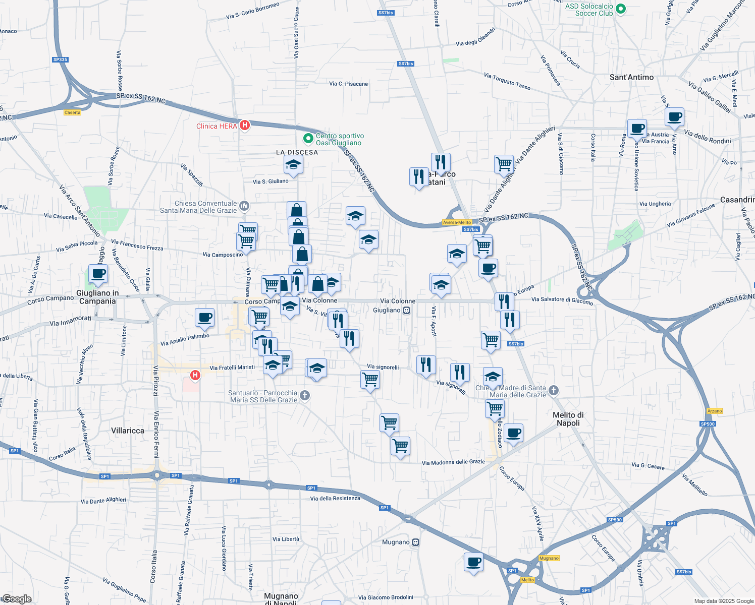 map of restaurants, bars, coffee shops, grocery stores, and more near 49 Via Colonne in Giugliano In Campania