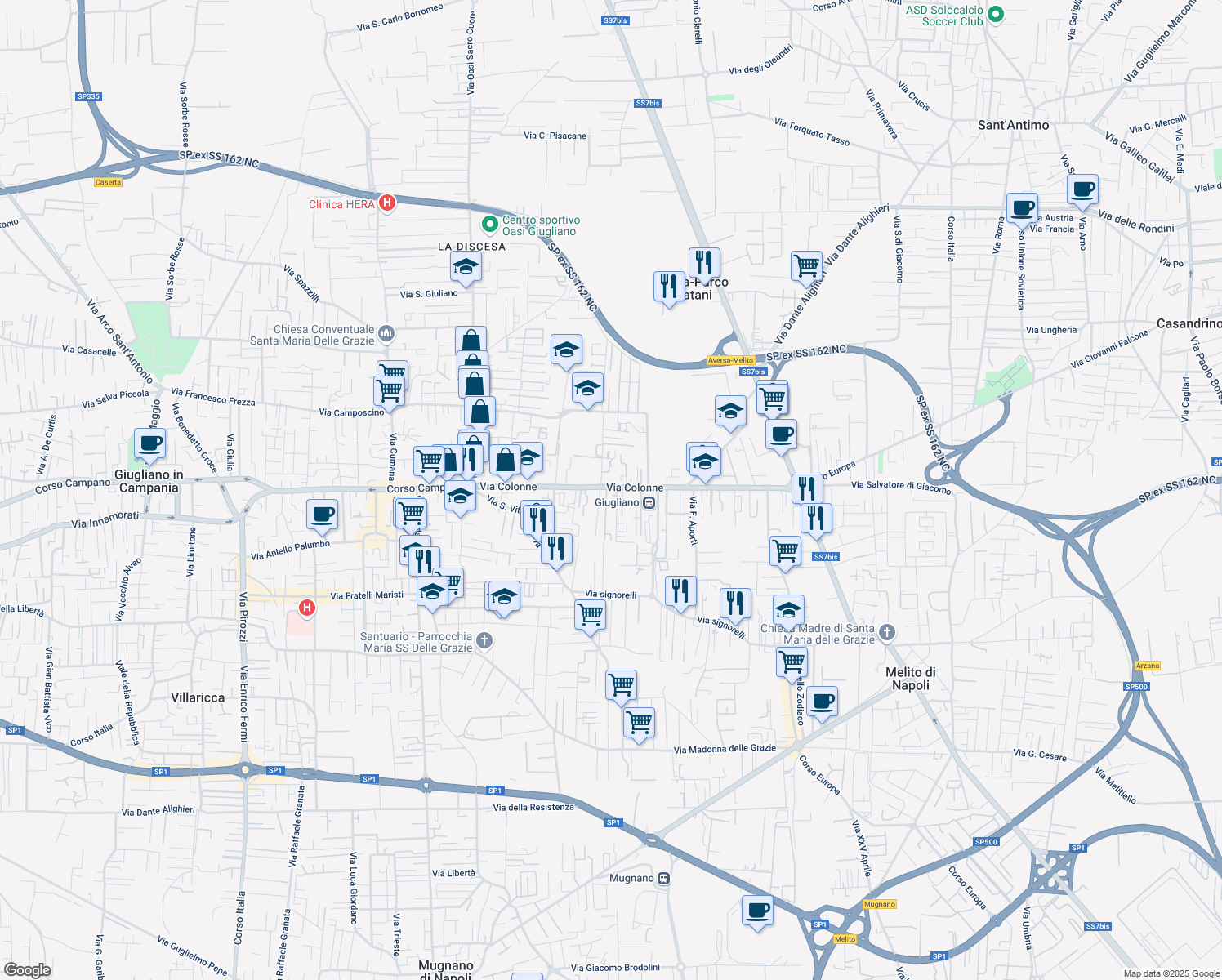 map of restaurants, bars, coffee shops, grocery stores, and more near 49 Via Colonne in Giugliano in Campania