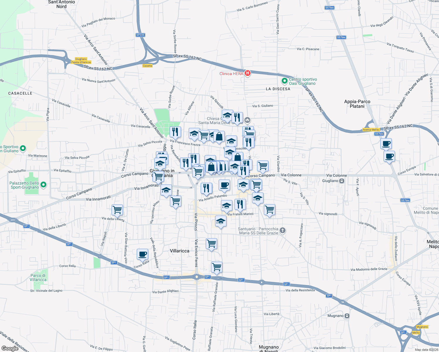 map of restaurants, bars, coffee shops, grocery stores, and more near 235 Corso Campano in Giugliano in Campania