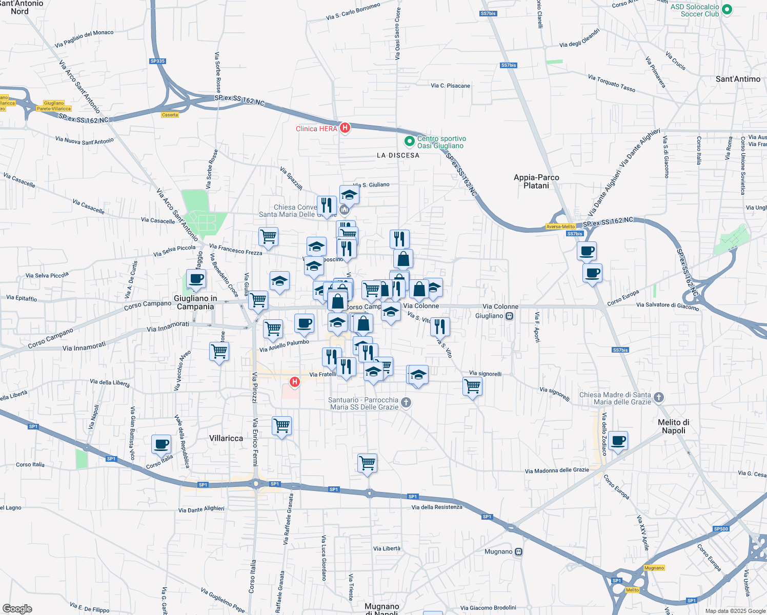 map of restaurants, bars, coffee shops, grocery stores, and more near Via Sant'Anna in Giugliano In Campania