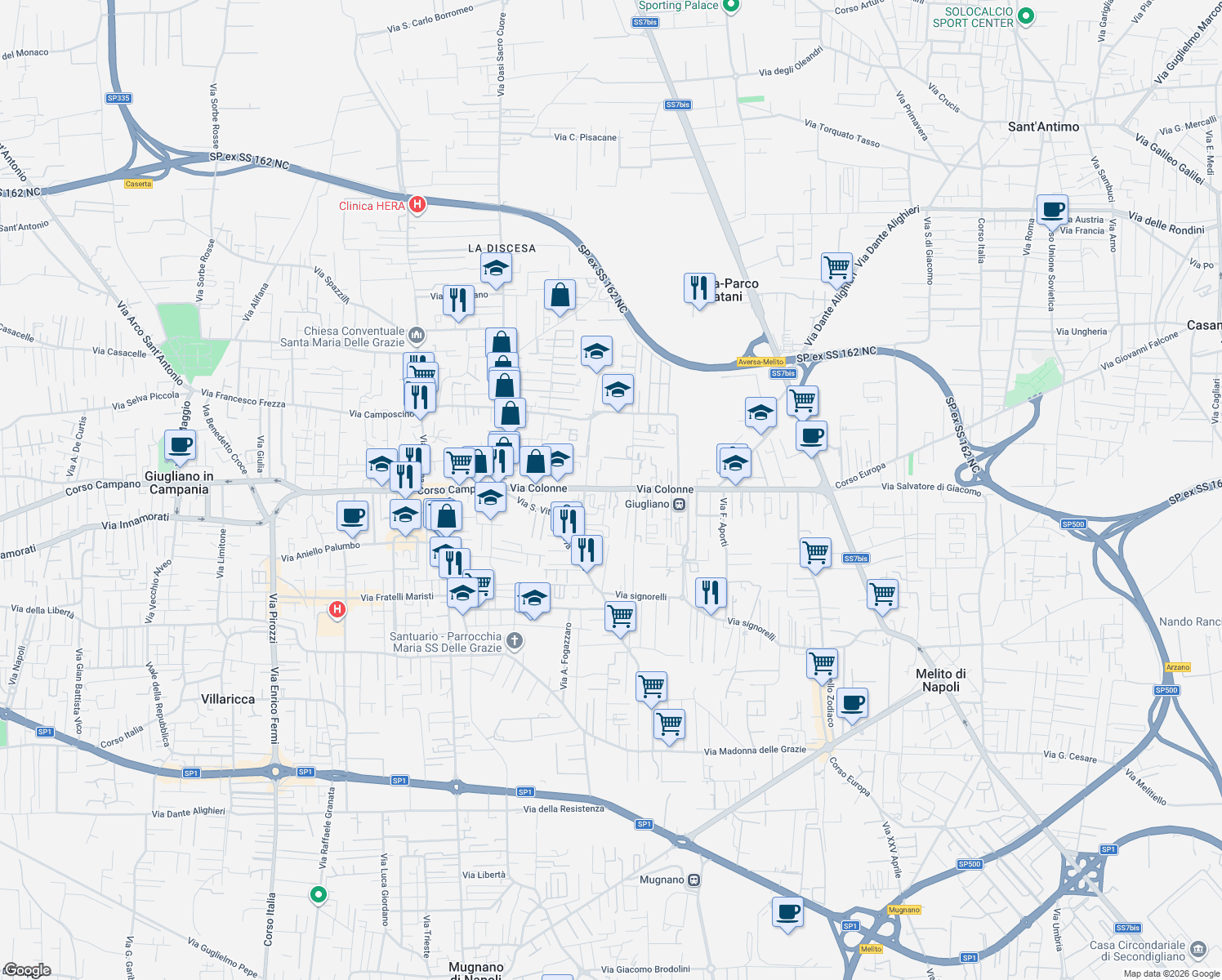 map of restaurants, bars, coffee shops, grocery stores, and more near 94 Via Colonne in Giugliano in Campania