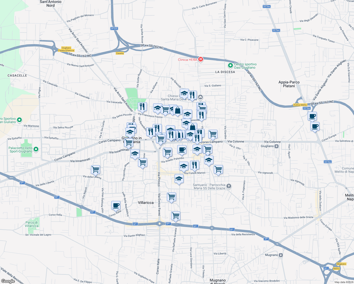 map of restaurants, bars, coffee shops, grocery stores, and more near 235 Corso Campano in Giugliano in Campania