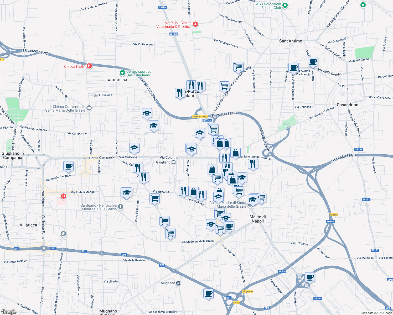 map of restaurants, bars, coffee shops, grocery stores, and more near 14 Via Colonne in Melito di Napoli