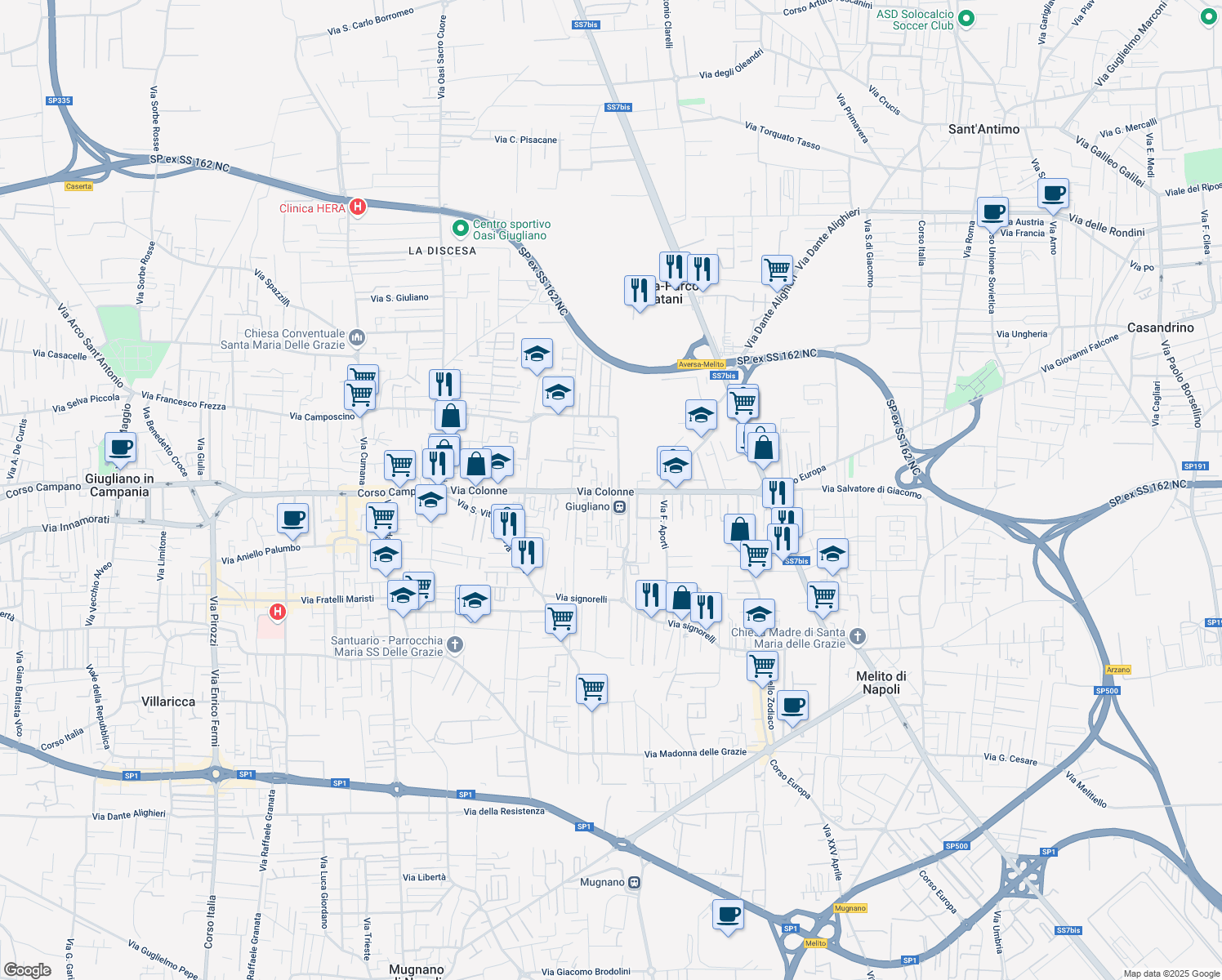 map of restaurants, bars, coffee shops, grocery stores, and more near 3413 Via Colonne in Giugliano In Campania