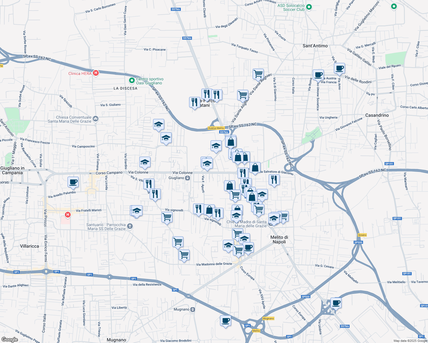 map of restaurants, bars, coffee shops, grocery stores, and more near 14 Via Colonne in Melito di Napoli