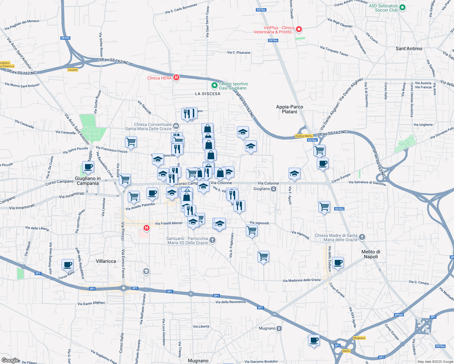 map of restaurants, bars, coffee shops, grocery stores, and more near 140 Via Colonne in Giugliano in Campania