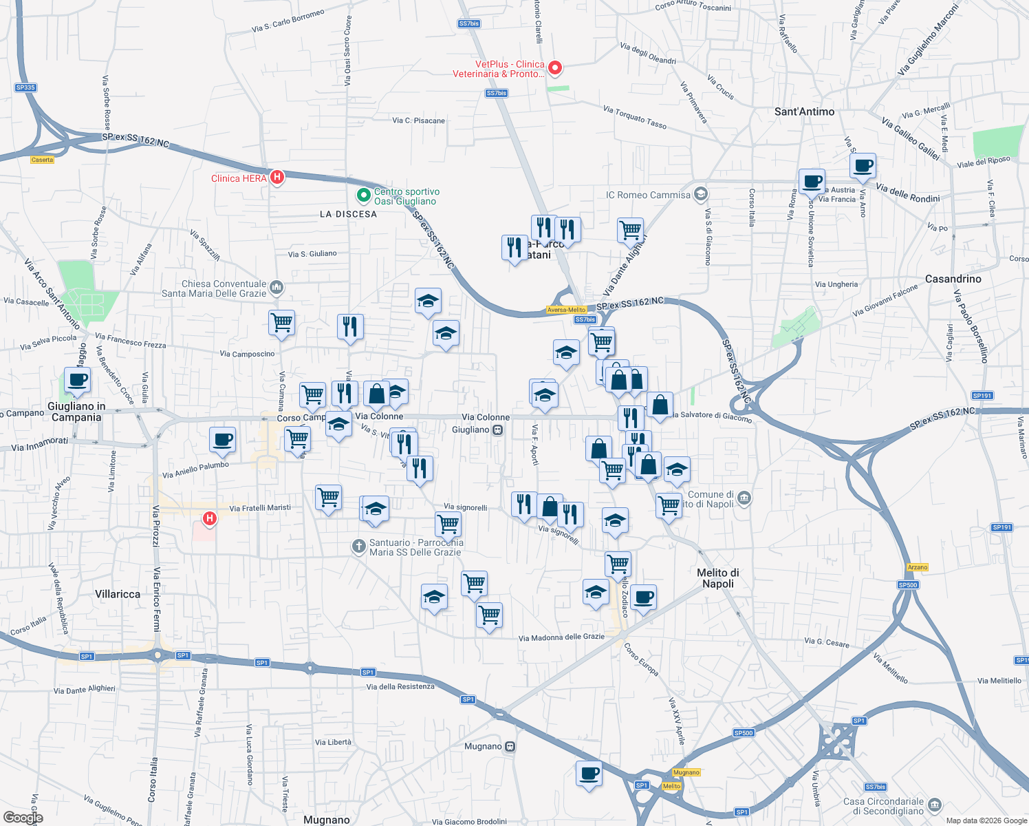 map of restaurants, bars, coffee shops, grocery stores, and more near 10B Via Colonne in Giugliano in Campania