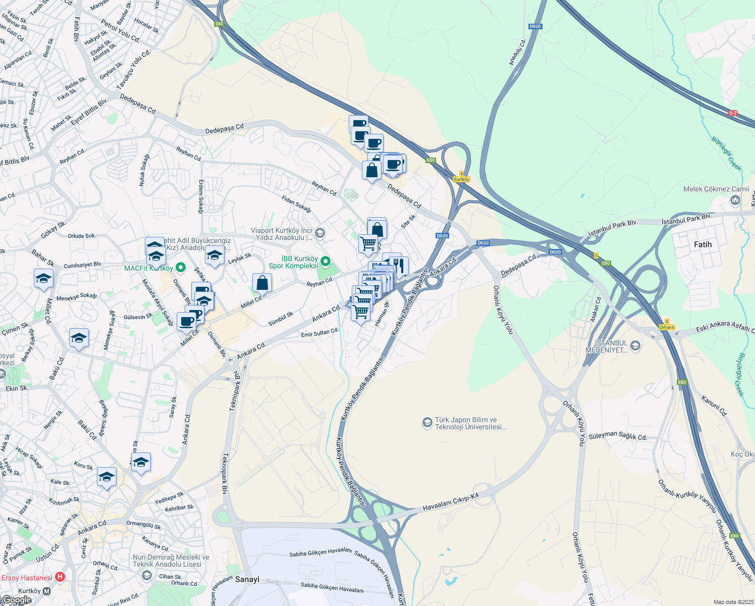 map of restaurants, bars, coffee shops, grocery stores, and more near 34 Ankara Caddesi in Pendik