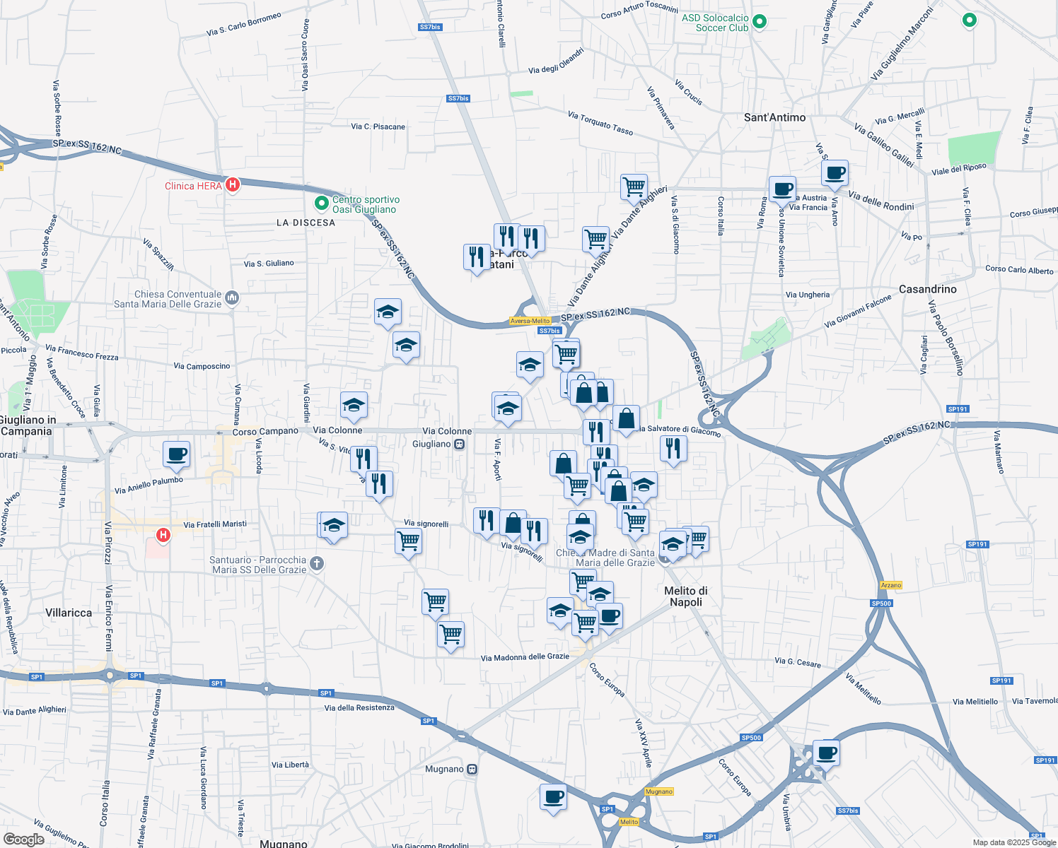 map of restaurants, bars, coffee shops, grocery stores, and more near 14 Via Colonne in Melito di Napoli