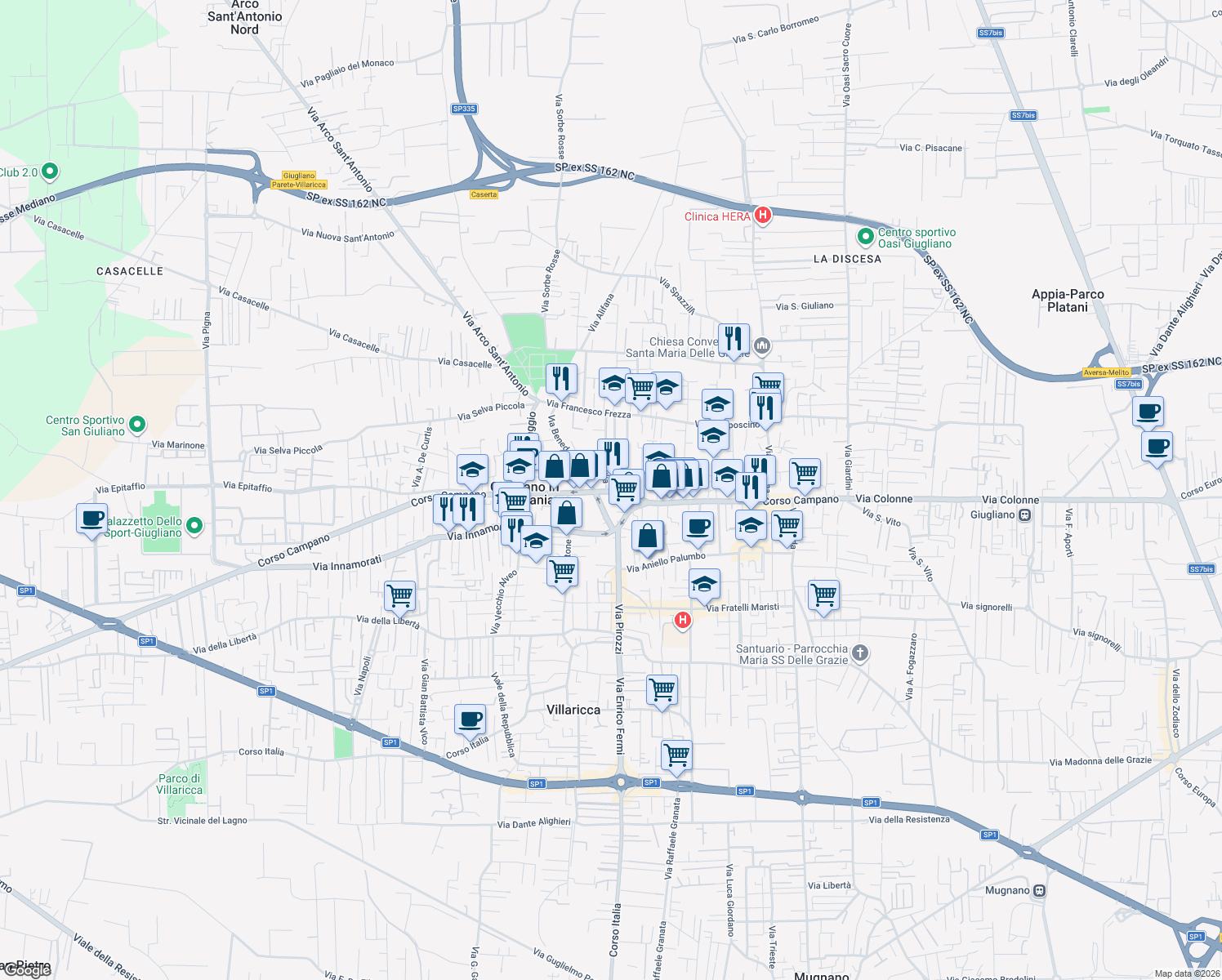 map of restaurants, bars, coffee shops, grocery stores, and more near 13 Via della Resistenza in Giugliano in Campania
