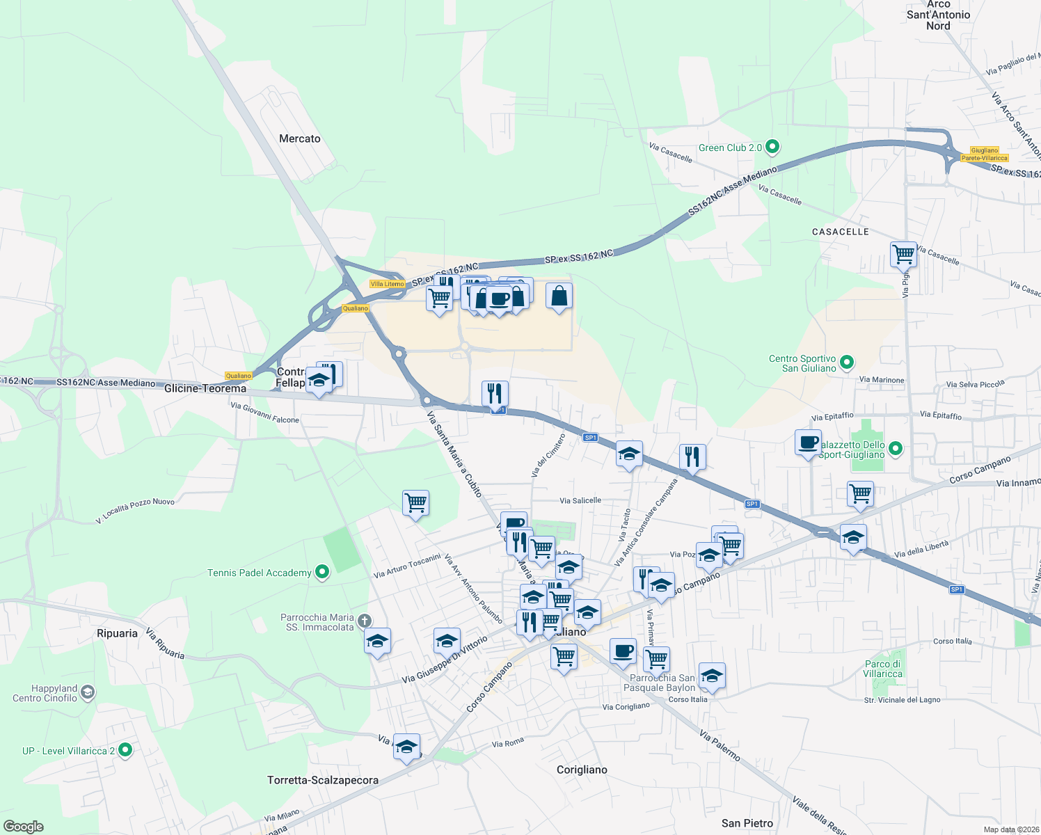 map of restaurants, bars, coffee shops, grocery stores, and more near 85 Via San Francesco a Patria in Qualiano