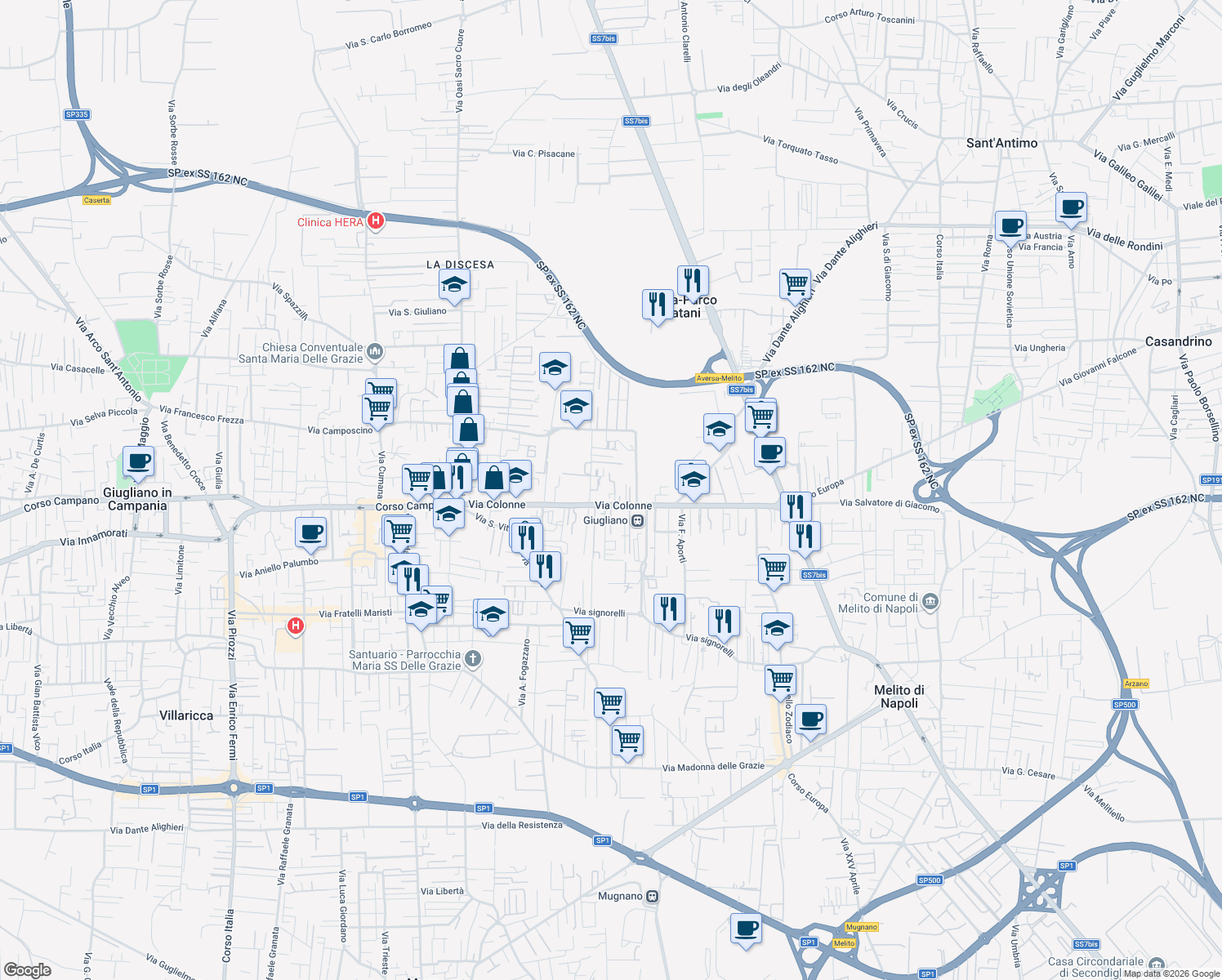 map of restaurants, bars, coffee shops, grocery stores, and more near 49 Via Colonne in Giugliano In Campania