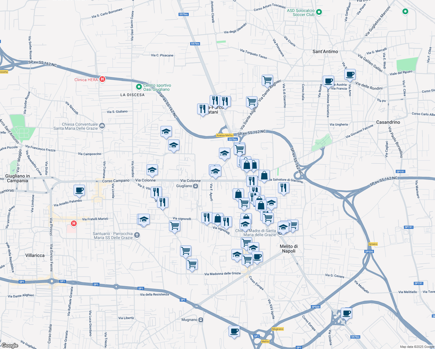 map of restaurants, bars, coffee shops, grocery stores, and more near 14 Via Colonne in Melito di Napoli