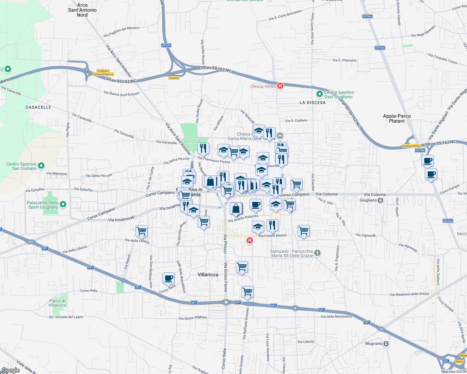 map of restaurants, bars, coffee shops, grocery stores, and more near Via Rione De Gasperi in Giugliano in Campania