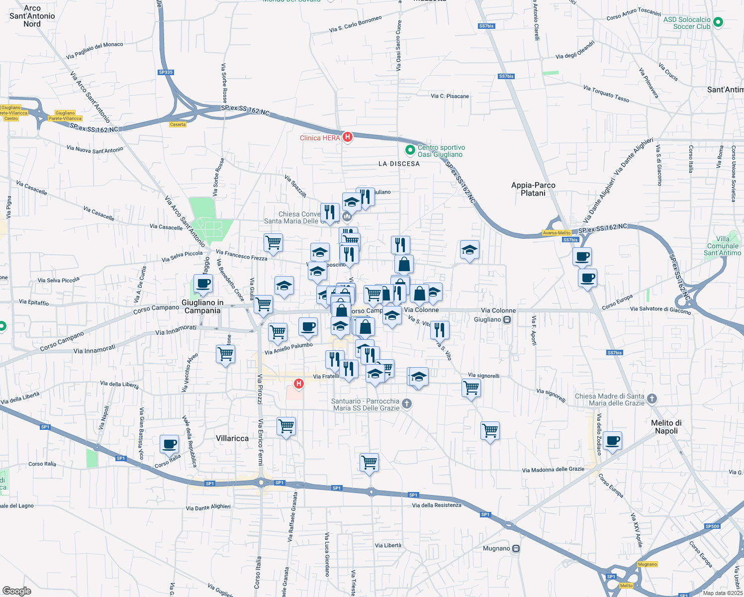 map of restaurants, bars, coffee shops, grocery stores, and more near Via Sant'Anna in Giugliano In Campania