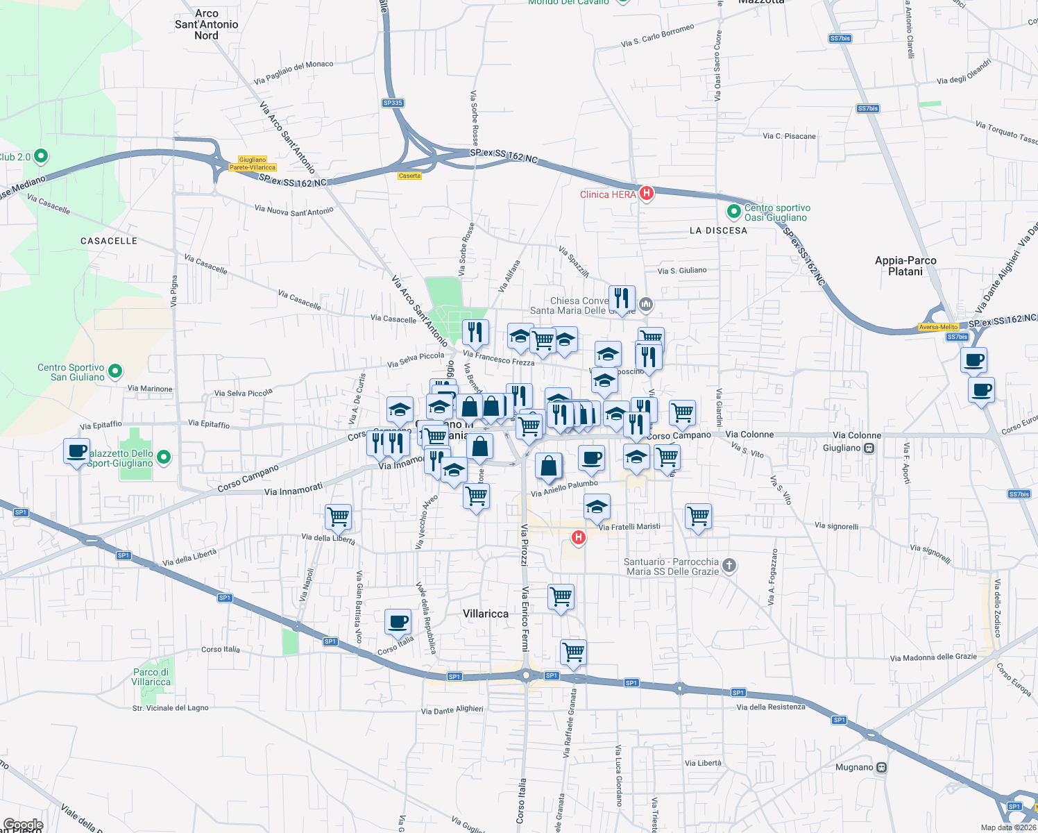 map of restaurants, bars, coffee shops, grocery stores, and more near 13 Via della Resistenza in Giugliano in Campania