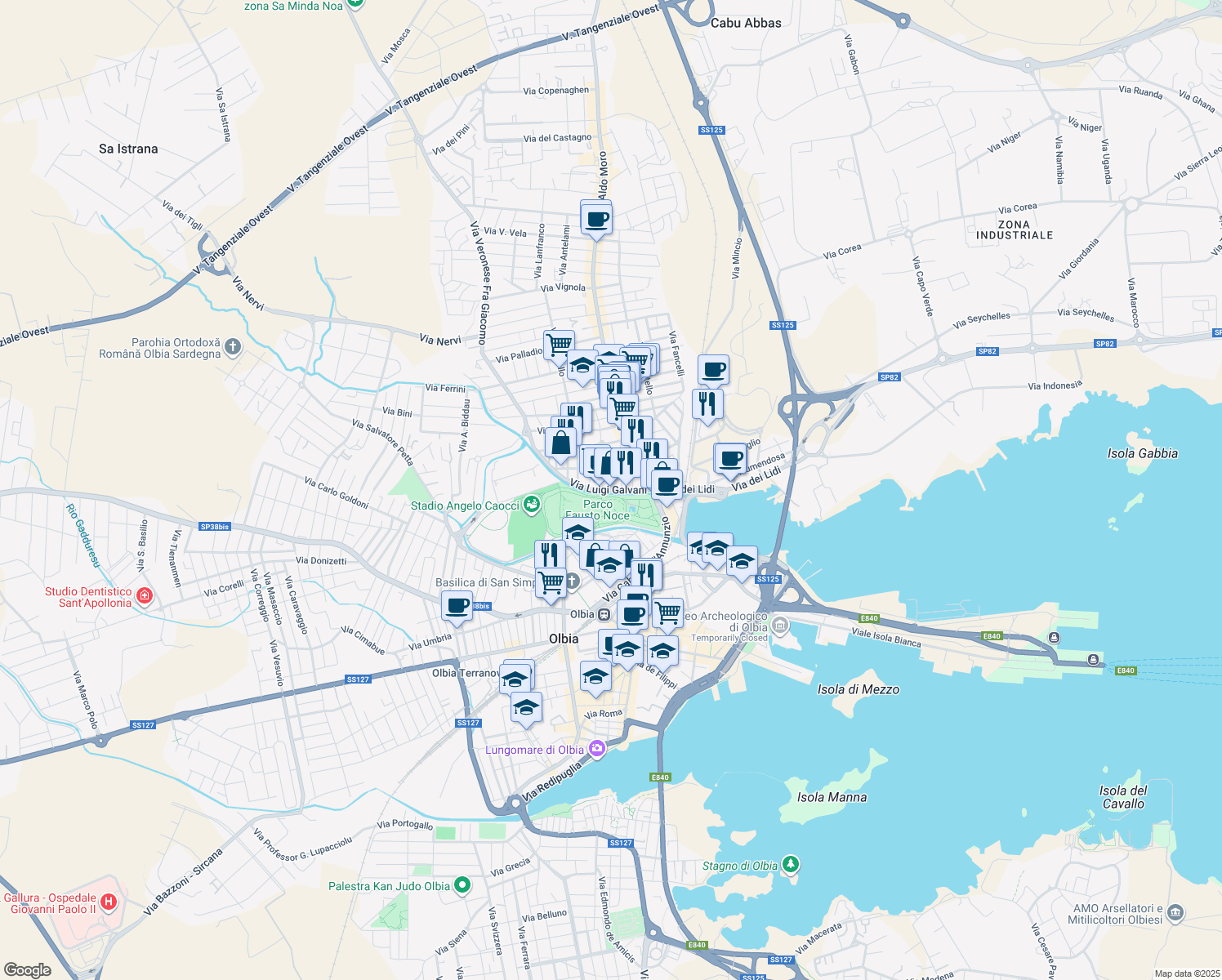 map of restaurants, bars, coffee shops, grocery stores, and more near Via Luigi Galvani in Olbia