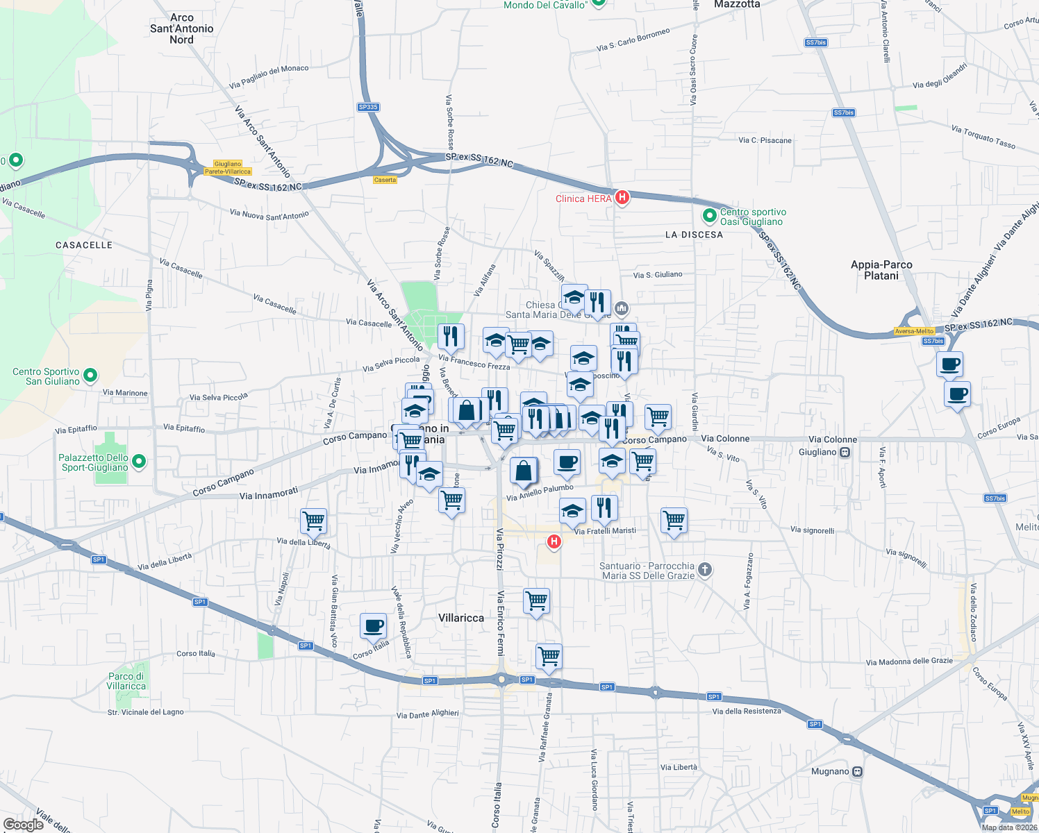 map of restaurants, bars, coffee shops, grocery stores, and more near Via Rione De Gasperi in Giugliano in Campania