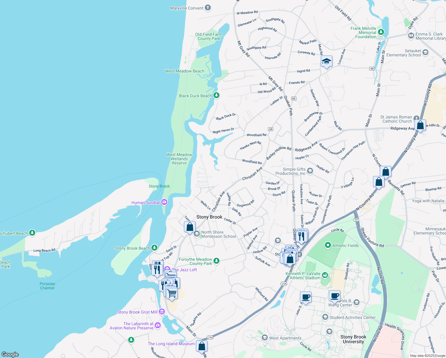 map of restaurants, bars, coffee shops, grocery stores, and more near 171 Christian Avenue in Stony Brook