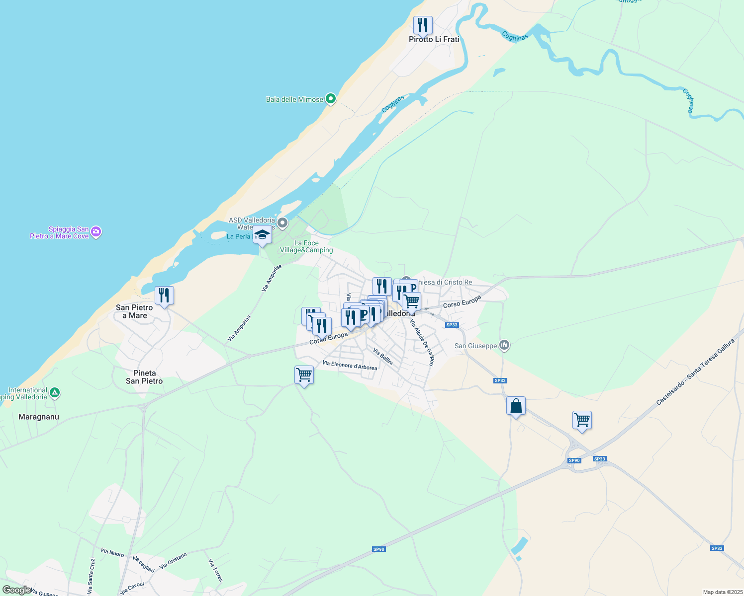 map of restaurants, bars, coffee shops, grocery stores, and more near 51 Via Ampurias in Valledoria