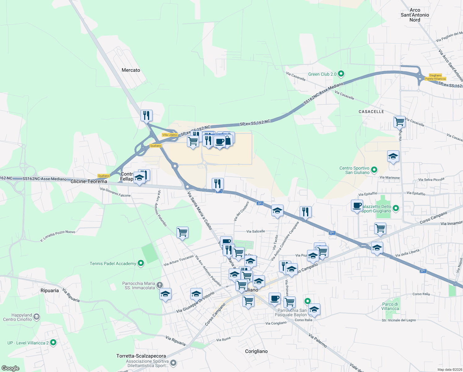 map of restaurants, bars, coffee shops, grocery stores, and more near 85 Via San Francesco a Patria in Qualiano
